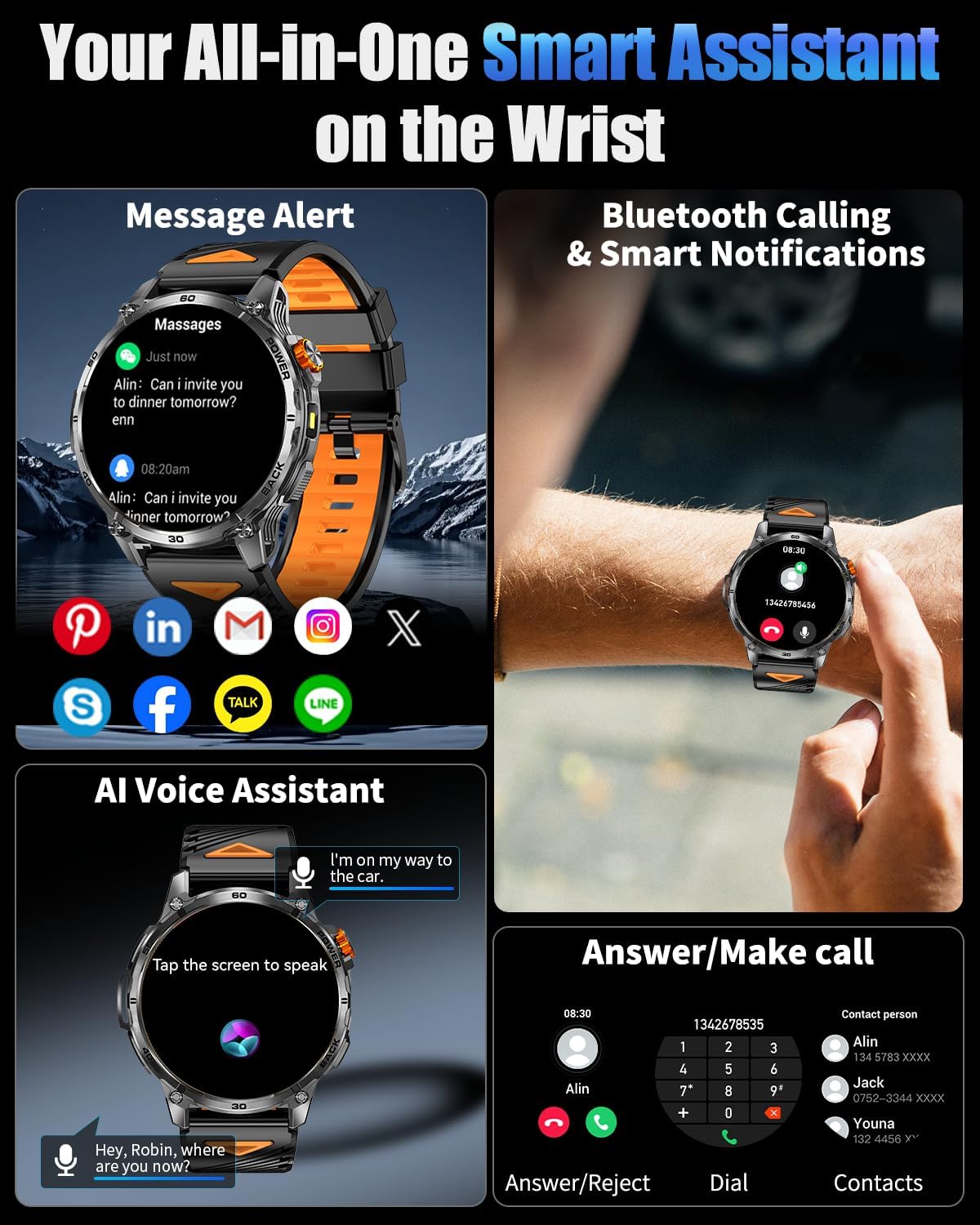 Military Smart Watches for Men with 1000mAH Battery, 1.7" HD Sports Smartwatch with Flashlight/Bluetooth Call/Heart Rate/SpO2/Sleep Monitor, Fitness Tracker for iPhone/Android Phones