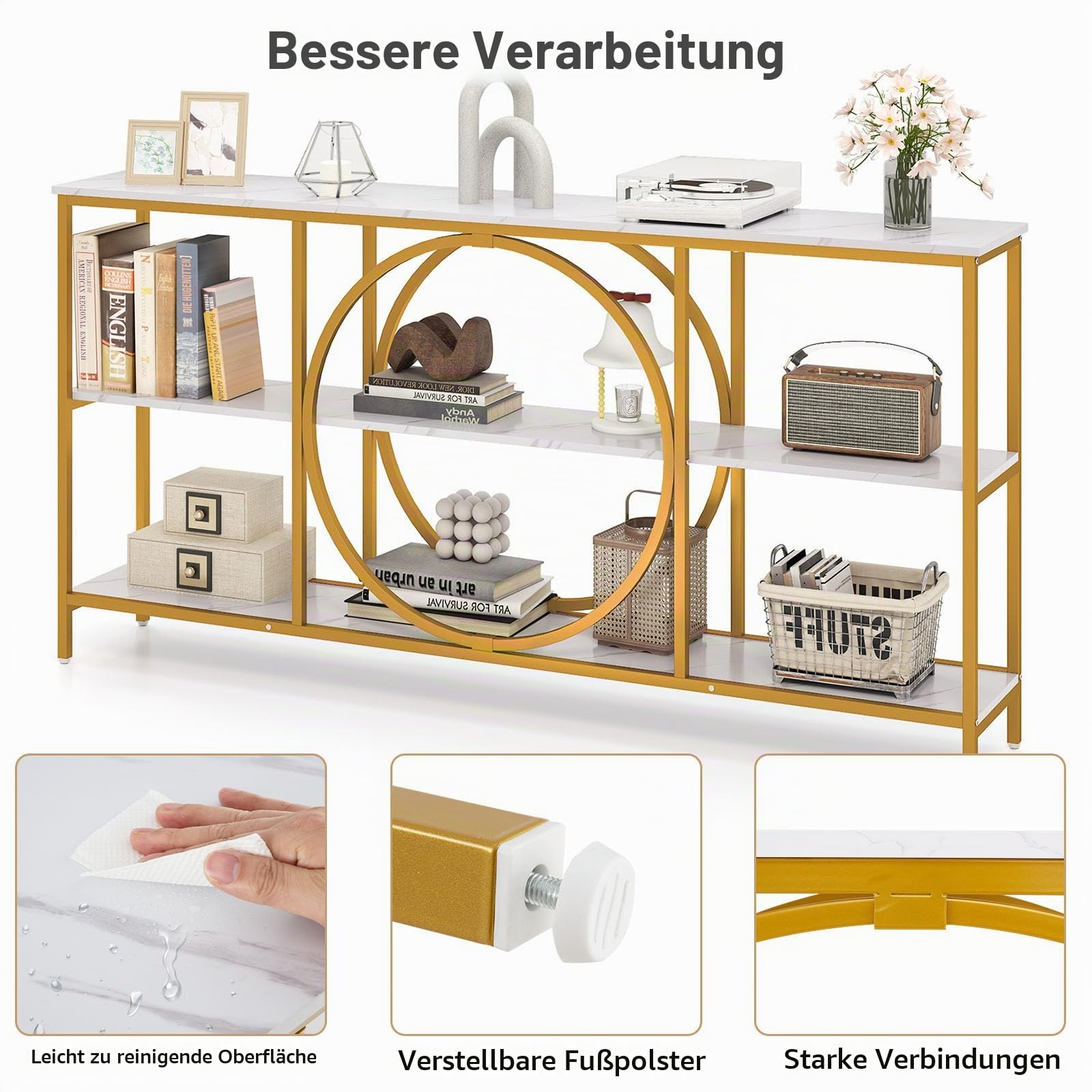 LIFEZEAL 180 cm Konsolentisch, 3-stöckiger Flurtisch Eingangstisch, Schmaler Beistelltisch Sofatisch mit Metallbeinen für Wohnzimmer, Flur, Eingang (Weiß + Golden)