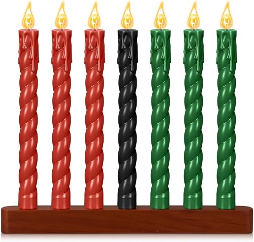 BBTO Kwanzaa Kinara - Juego de 7 portavelas de madera con velas LED sin llama, sin humo y de larga duración, velas eléctricas a pilas para