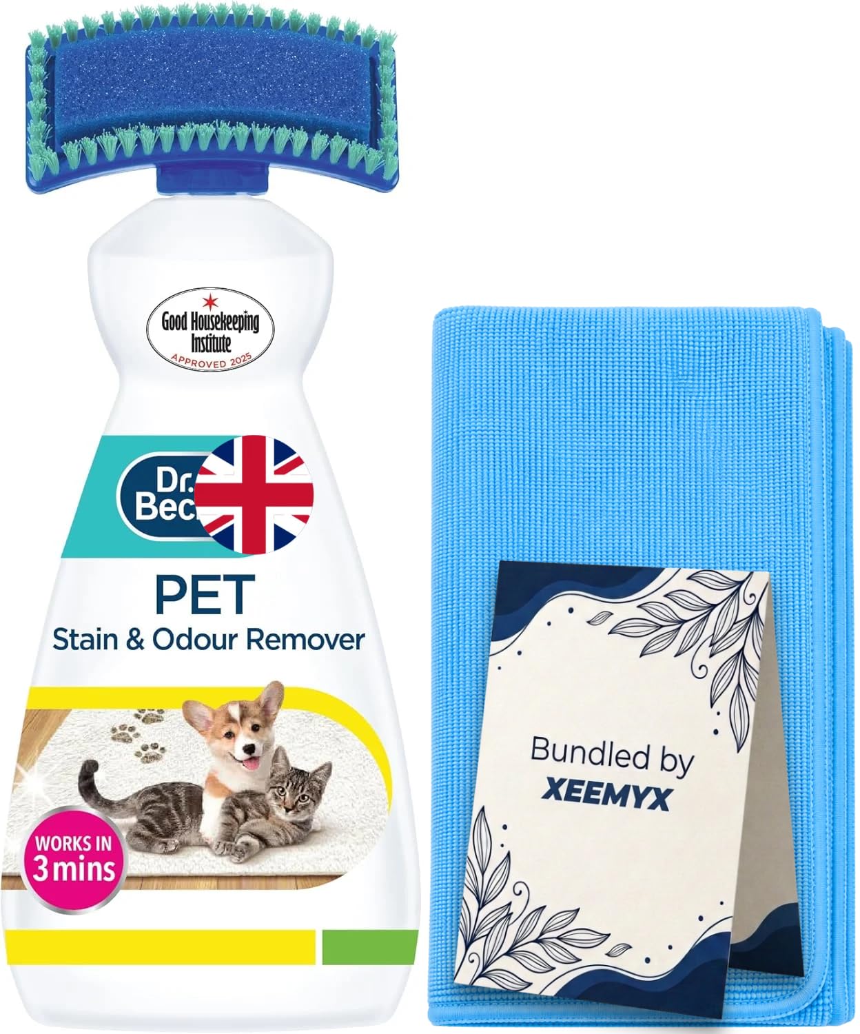 Pet Carpet Stain Cleaner and Odour Remover, Works in 3 min, 650ml with Applicator Brush and Microfibre Cloth, Oxy Formula for Cat, Dog Urine Smells, Carpets, Upholstery, Sofa, Rugs