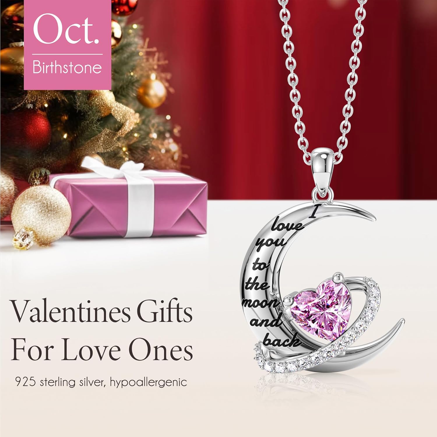 Distance Valentine's Day Gift I Love You to The Moon and Back Necklace for Women, S925 Sterling Silver Forever Love Heart Birthstone Necklace, Anniversary Birthday Jewelry Gifts for Her Wife Lover - Image 2