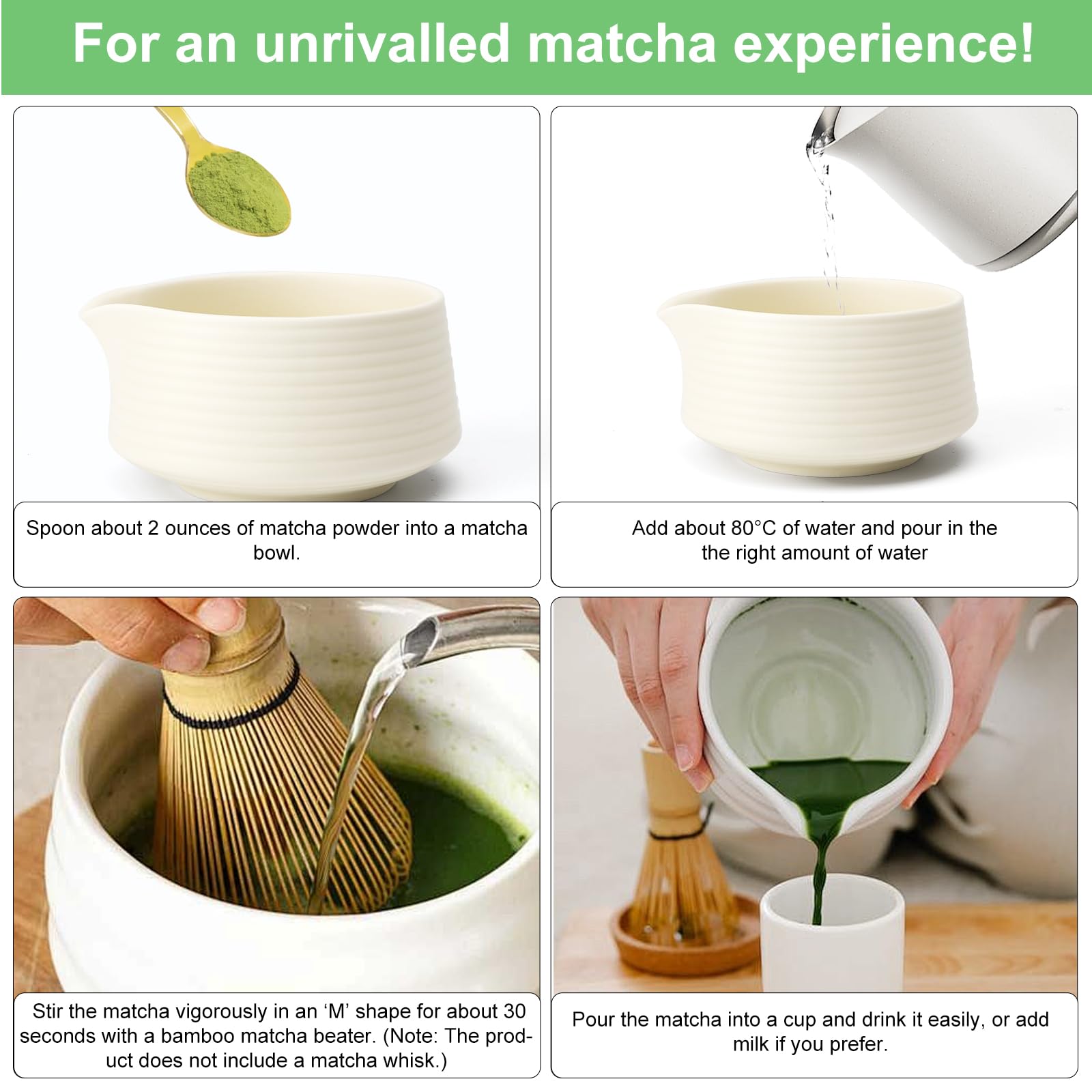 UOCAI Matcha Keramische matcha-kom, matcha kom, Japanse Matcha Thee set mok 500 ml voor theestoom keuken latte familie vriend wit