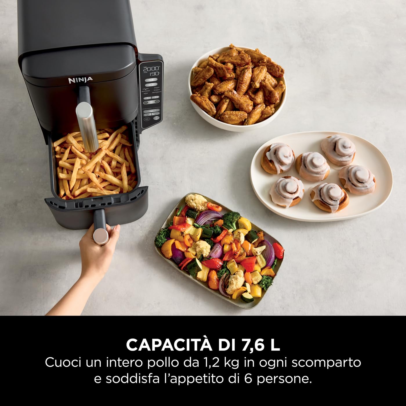 Ninja Double Stack Friggitrice ad Aria Verticale a 2 Scomparti, con 2 Griglie, 4 Livelli di Cottura, Design salva-spazio, Capacità di 7,6L, 6 Funzioni di cottura, 6 Porzioni, Nero SL300EU
