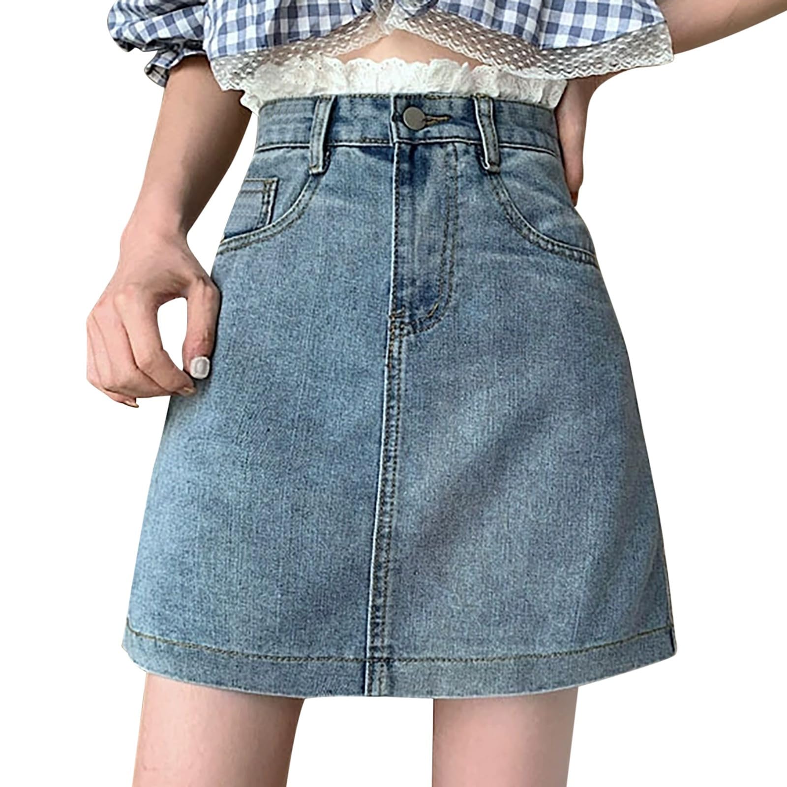 Jupe en jean pour femme - Taille haute - Culotte asymétrique - Mode décontractée - Avec pantalon court - Ligne A - Bouton - Pantalon élégant