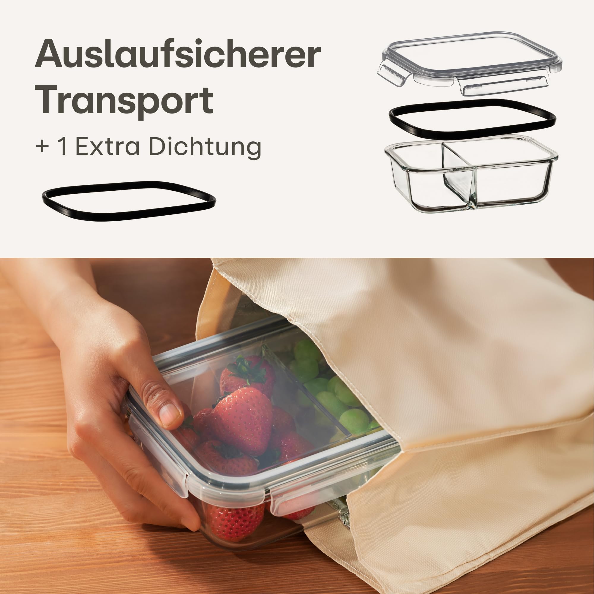 Praknu Meal Prep Boxen Glas 2 Fächer - 2er Set Meal Prep Containers 1l - Luftdichter Glasbehälter mit Deckel - Geeignet für Spülmaschine, Mikrowelle & Ofen - Mealprepboxen - Frischhaltedosen Glas