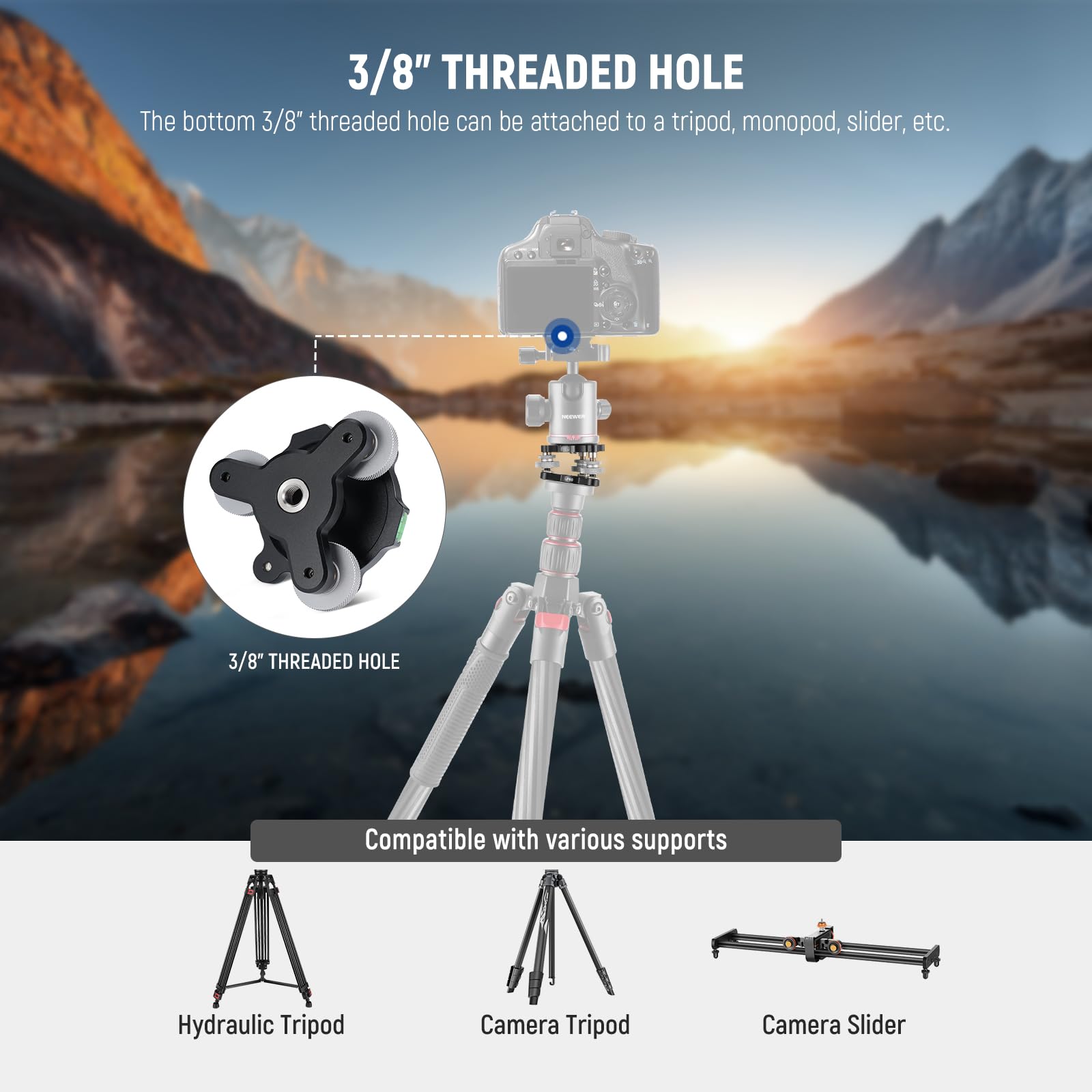 NEEWER Tête Trépied Base de Mise à Niveau pour Caméra,Tête en Métal à 3 Axes avec Niveaux à Bulle,Vis et Filetage 3/8",Réglage Précis d'angle +/-9°pour Photographie Panoramique,Charge 15 kg,LP65