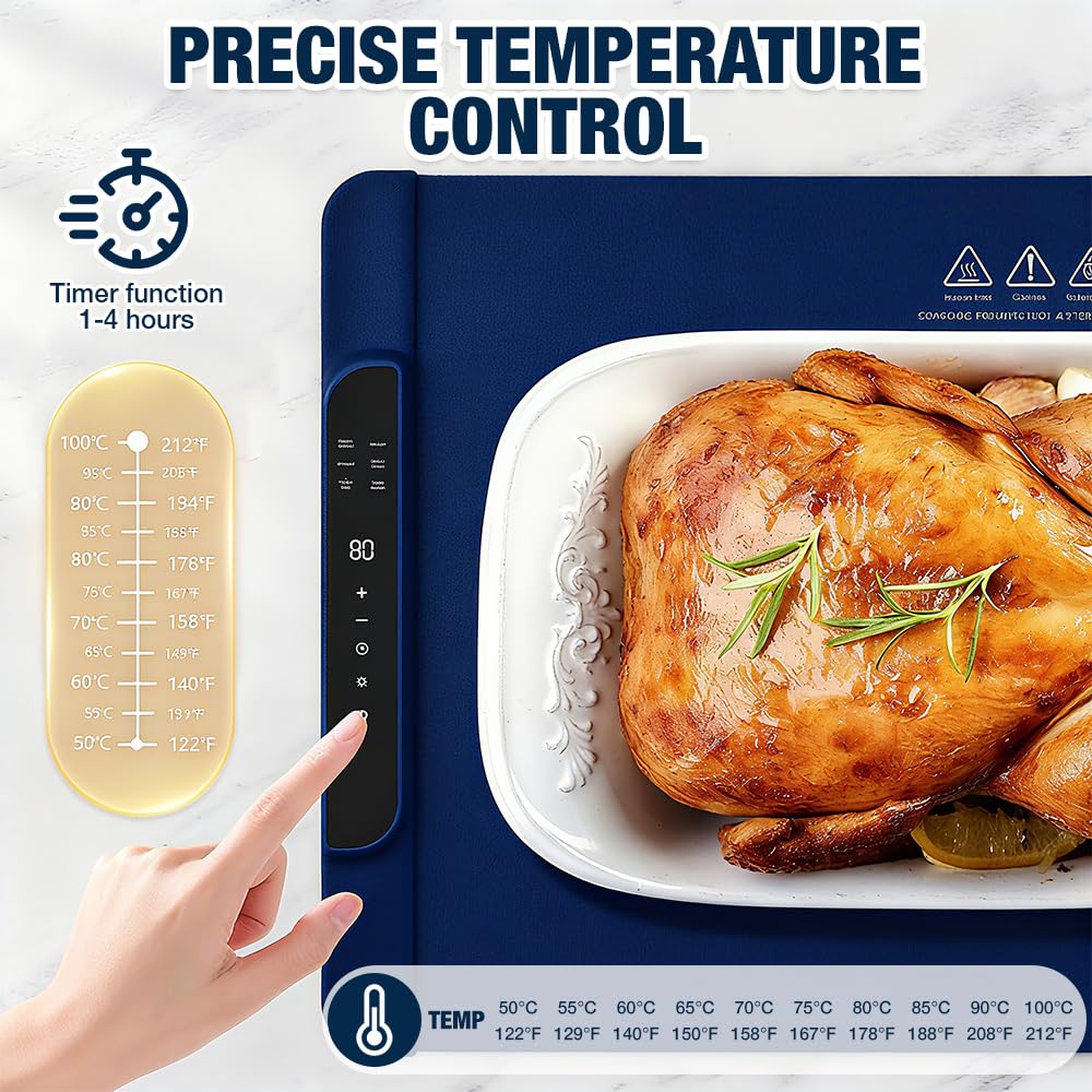 Vassoio Riscaldante Elettrico, Scaldavivande Elettrico Portatile, Piastra Riscaldante per Alimenti con 10 Impostazioni di Temperatura e Timer di 4 Ore per Feste, Eventi e Cene Domestiche