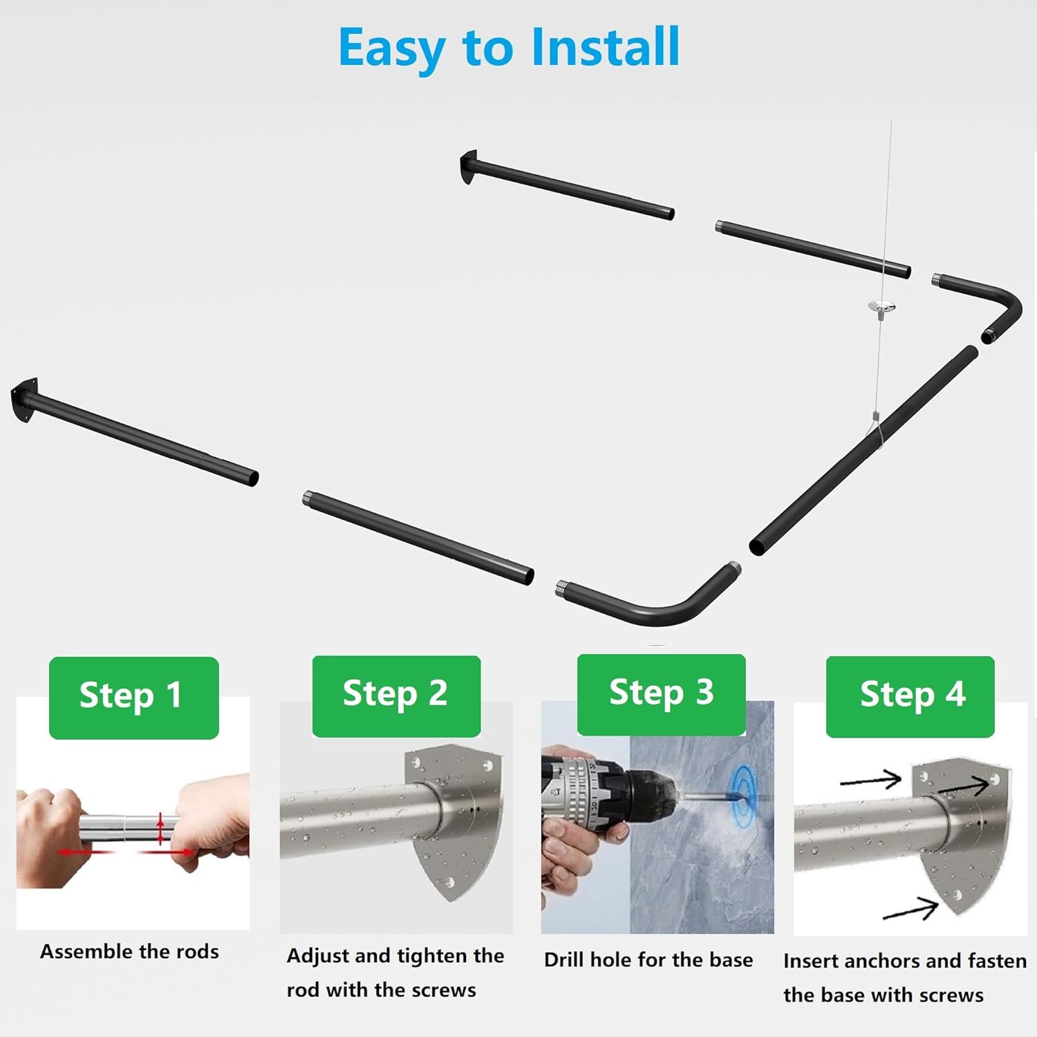 U Shaped Shower Curtain Rod, Adjustable Corner Shower Curtain Rod for Bathroom, Clothing Store, Stainless Steel with 12 Ring Hooks & Ceiling Support [Both Sides: 23.6"-52", Middle: 31"-46.7"] (Black)