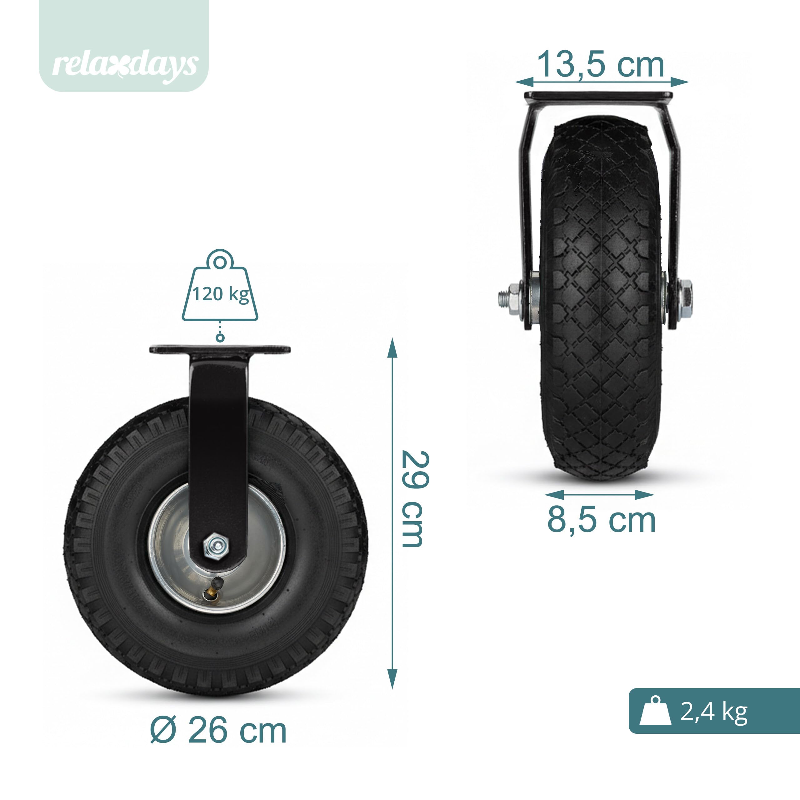 Relaxdays 2X Bockrolle + 2X Lenkrolle Set, luftbereiftes Schwerlastrad, 3.00-4, Transportrollen 120 kg, schwarz/Silber