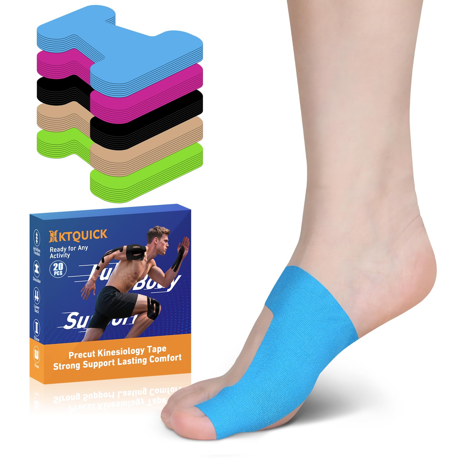 KTQUICK Precut Bunion Tape for Big Toe, 20 PCS, 20% Stronger Adhesive,Blue
