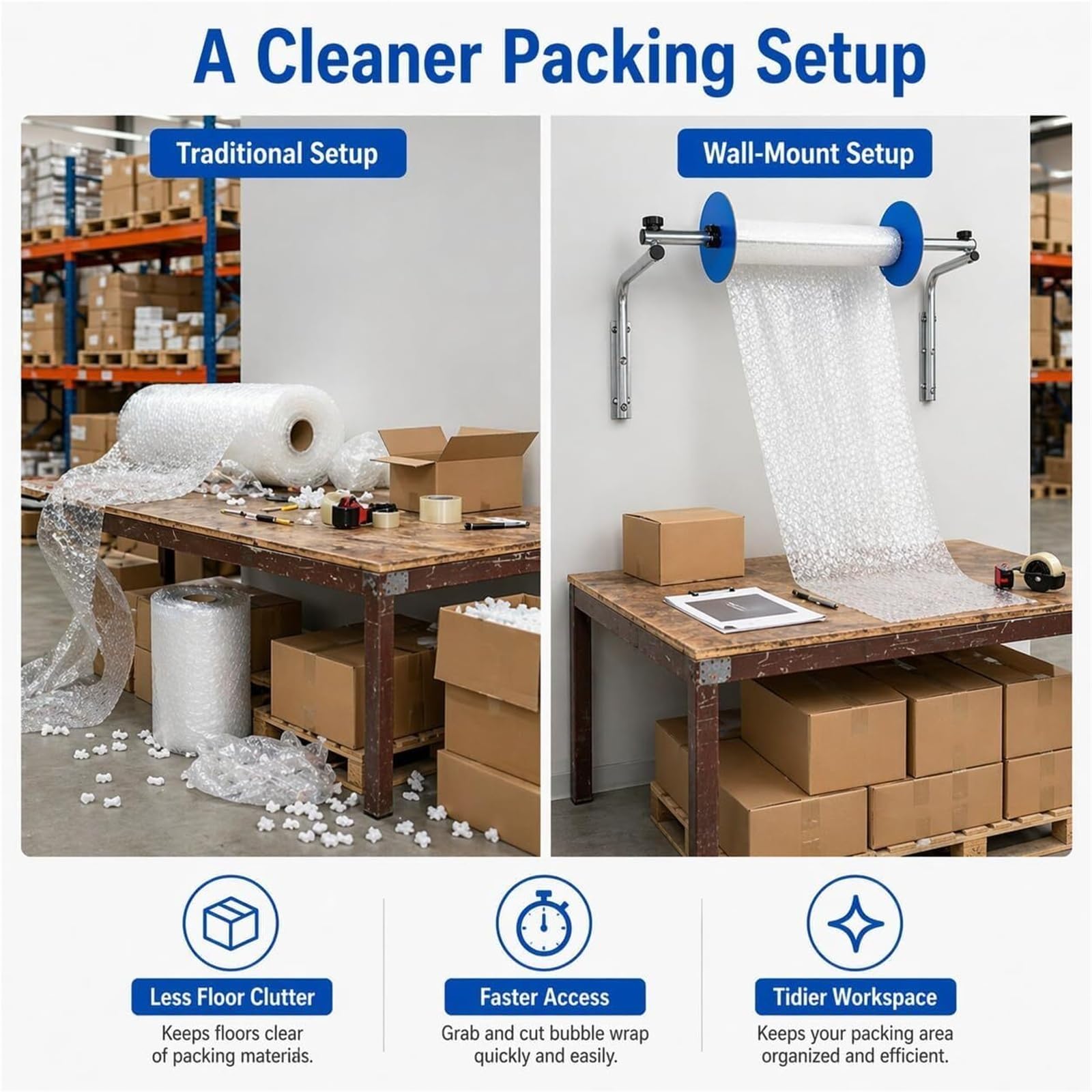 Luftpolsterfolien-Spender, Wandmontage, manueller Kissen-Schaumstoffhalter zum Verpacken, faltbarer Rollenständer, Mehrzweck-Wickelstation für Umzug und Versand