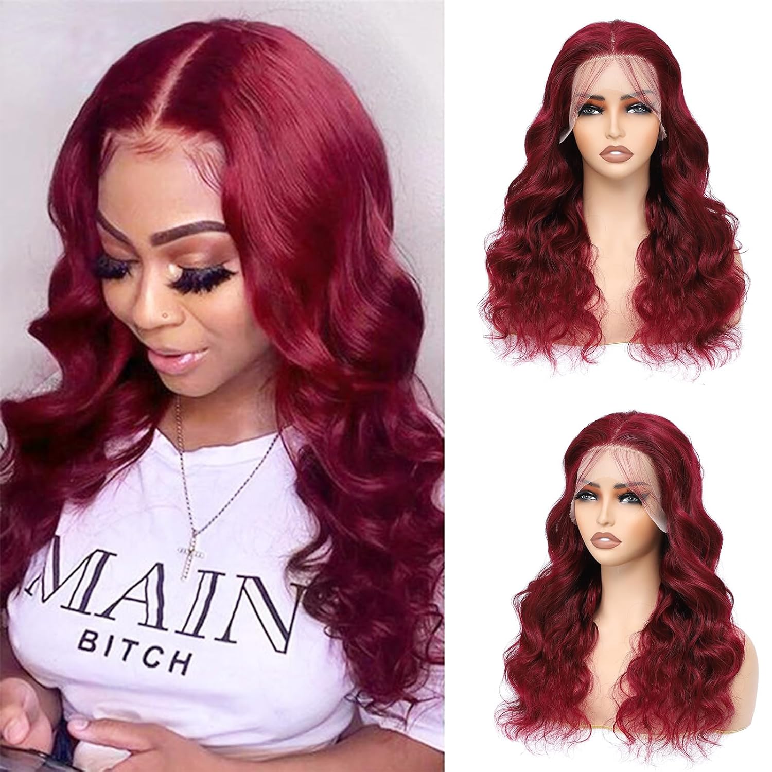 Burgundy 13x4 Lace Front Wigs Human Hair Body Wave Glueless Wine Red 99j Colored Pre Plucked with Baby Hair 180% Density HD Transparent Lace Frontal Wigs for Women (20", Burgundy)