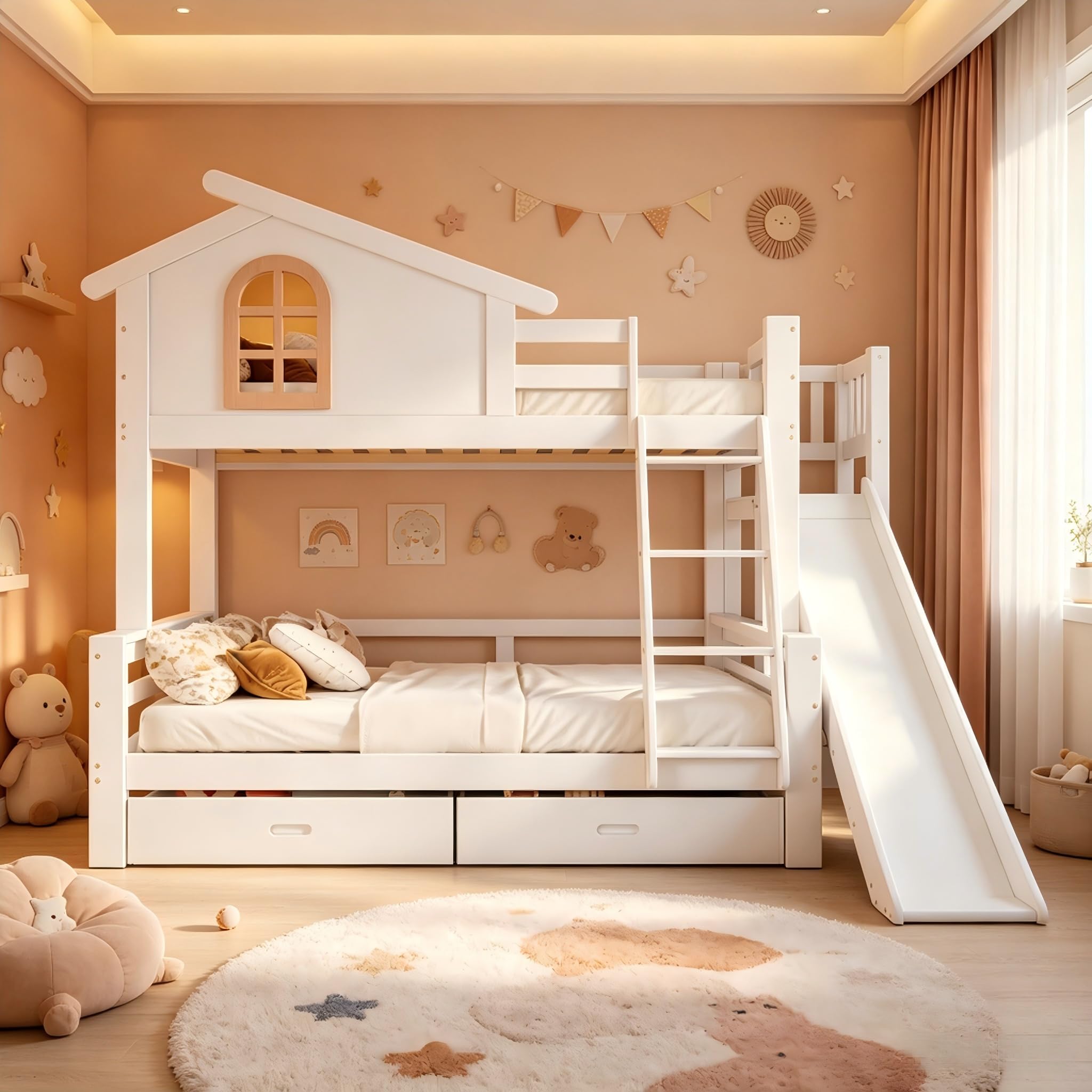 Letto a castello con finestre e scale ribaltabili a quattro livelli, bambini e letto madre con scivolo, telaio in legno massello bianco, 90 x 200 cm e 120 x 200 cm (letto a castello + 1 letto