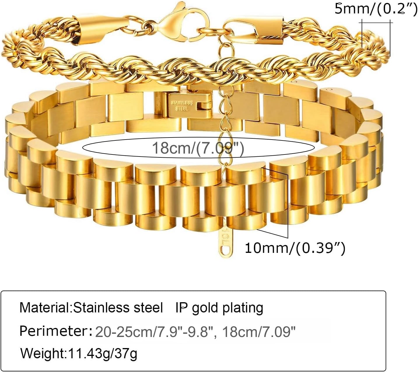 MPRAINBOW 2pcs 18K Gold Plated Chain Link Bracelet, Stainless Steel Crystal Friendship Bracelets Bangle,Watch Band Chains Wristband Jewelry with Adjust Tool