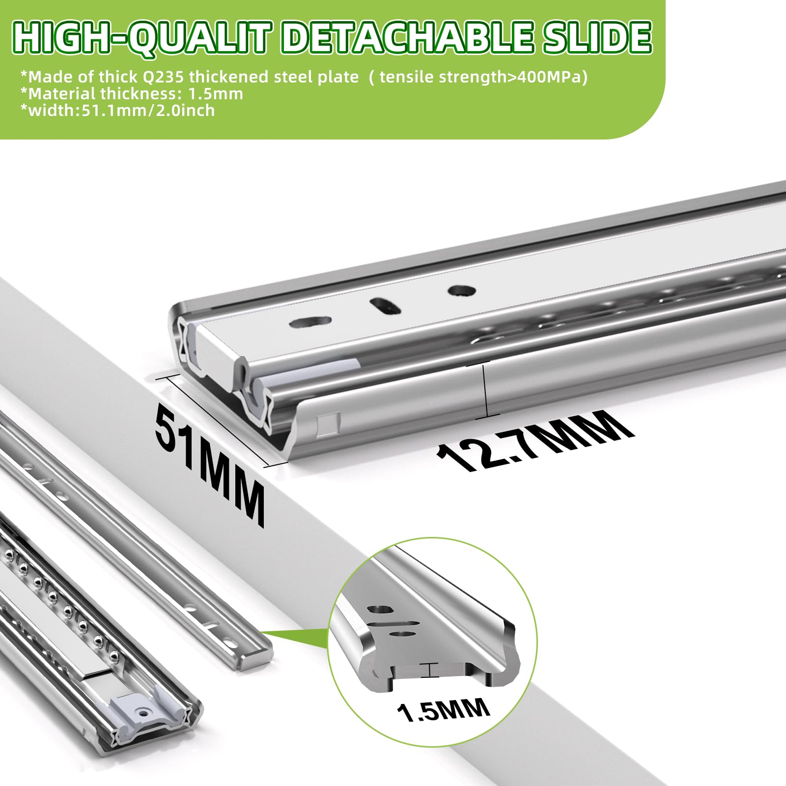 SLIDEWAY 20inch Heavy Duty Drawer Slides Full Extension Ball Bearing Sliding Rails Cabinet Runners Tracks Tool Box Glides -150lB 1 Pair