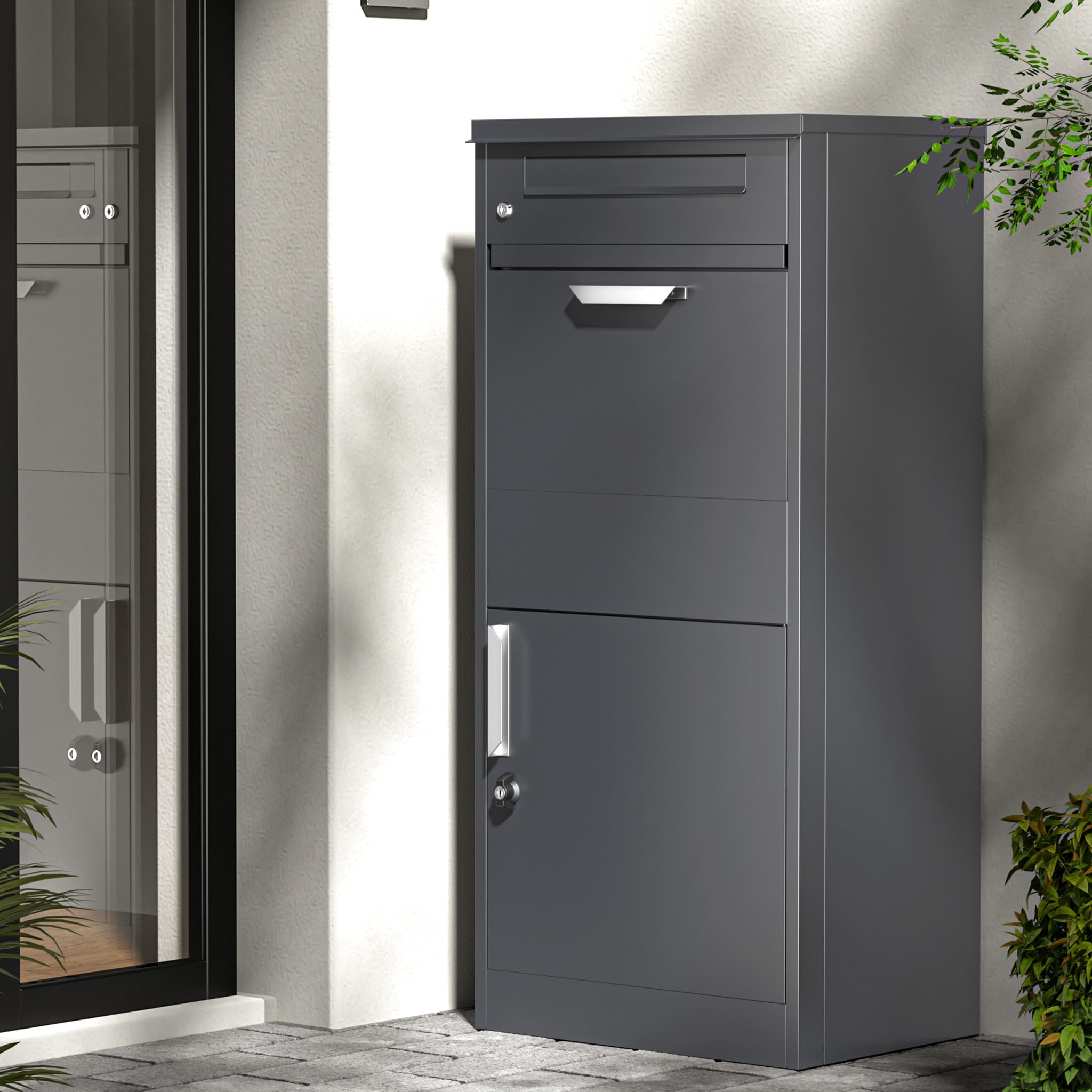 Paketkasten Anthrazit 500 x 370 x 1120 mm, Paketbox Zuhause, Private Paketannahme passend für Pakete und Päckchen, Standbriefkasten Stahl
