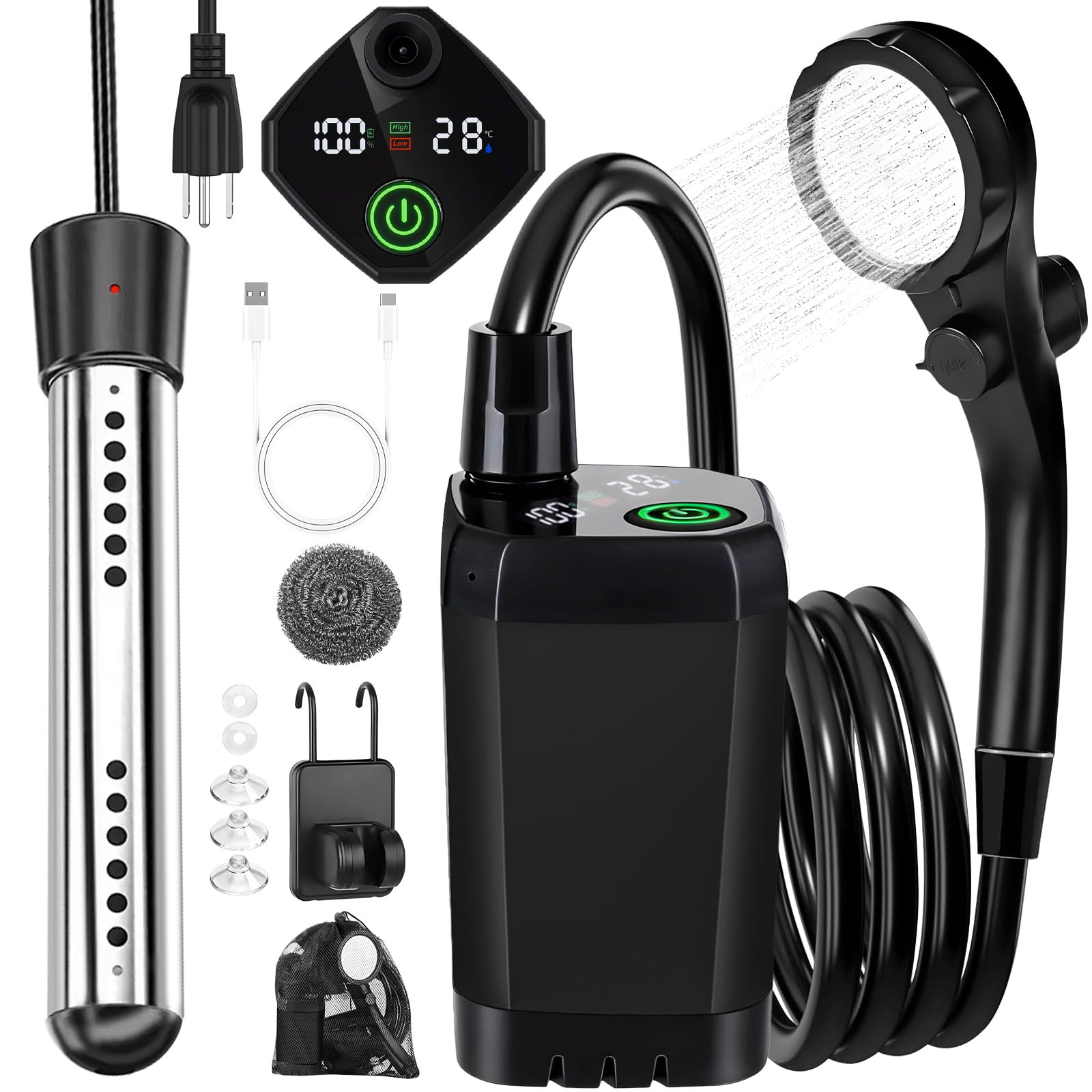 Douche de Camping avec Chauffe-eau, Douche de Camping Rechargeable 6000mAh avec Chauffe-eau à Immersion 2000W, Écran LED, Douche Extérieure Chauffante pour Voyage, Randonnée, Voiture, Animaux