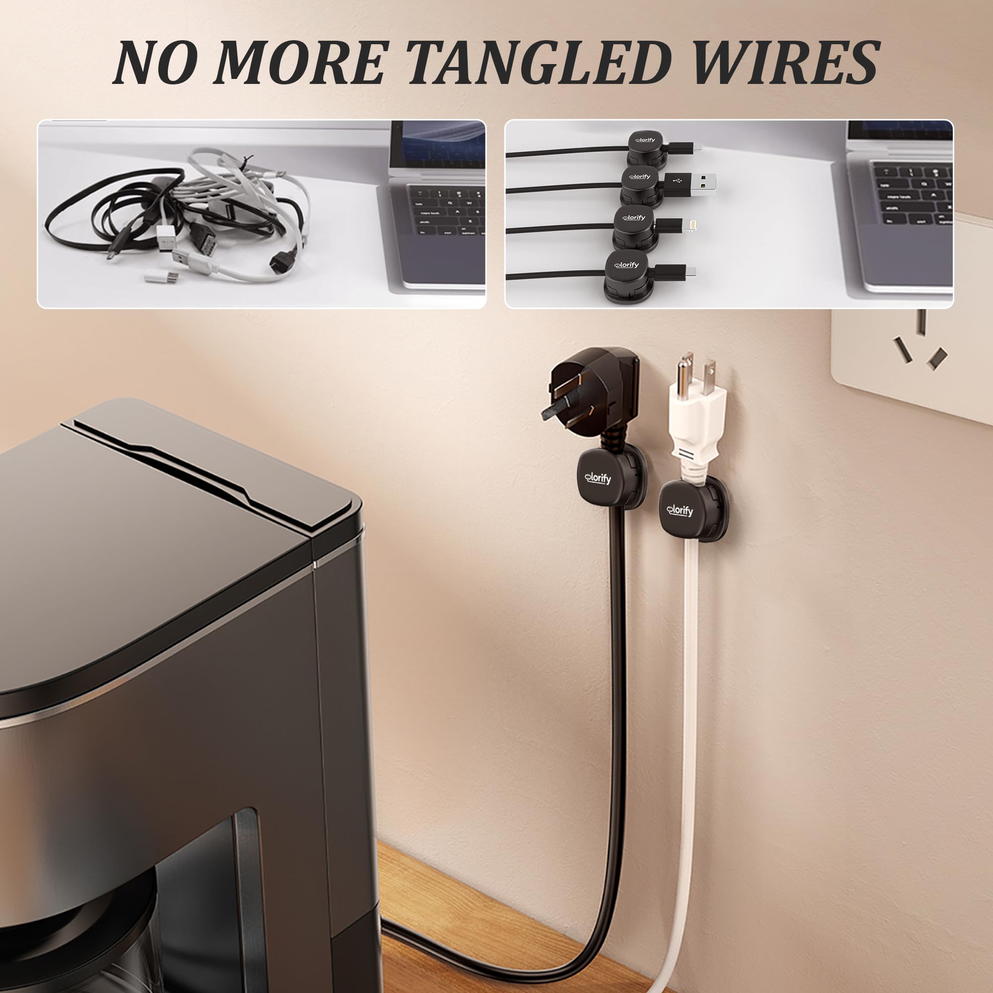 Organizador de cables giratorio, paquete de 8 soportes negros con adhesivo fuerte para gestión de escritorio y espacio de trabajo