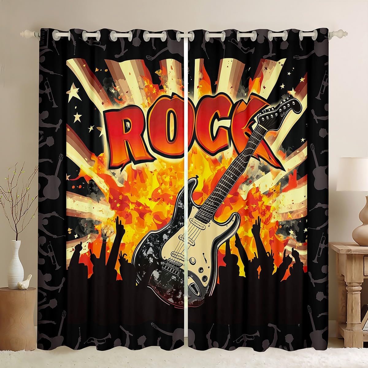 Tende per finestre con chitarra elettrica, stile hippie, per ragazzi e ragazze, con musica rock, decorazione per la casa, tende per finestre a fiamma, per soggiorno e camera da letto, 167 x 228 cm