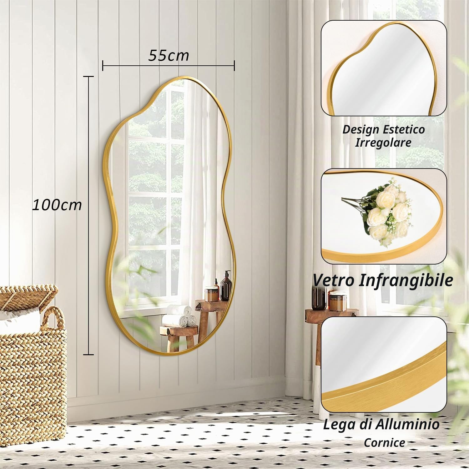 JJUUYOU Grande specchio da parete asimmetrico con cornice in metallo irregolare, moderno e unico, specchio decorativo per bagno, camera da letto, soggiorno, ingresso, corridoio, 55 x 100 cm, oro