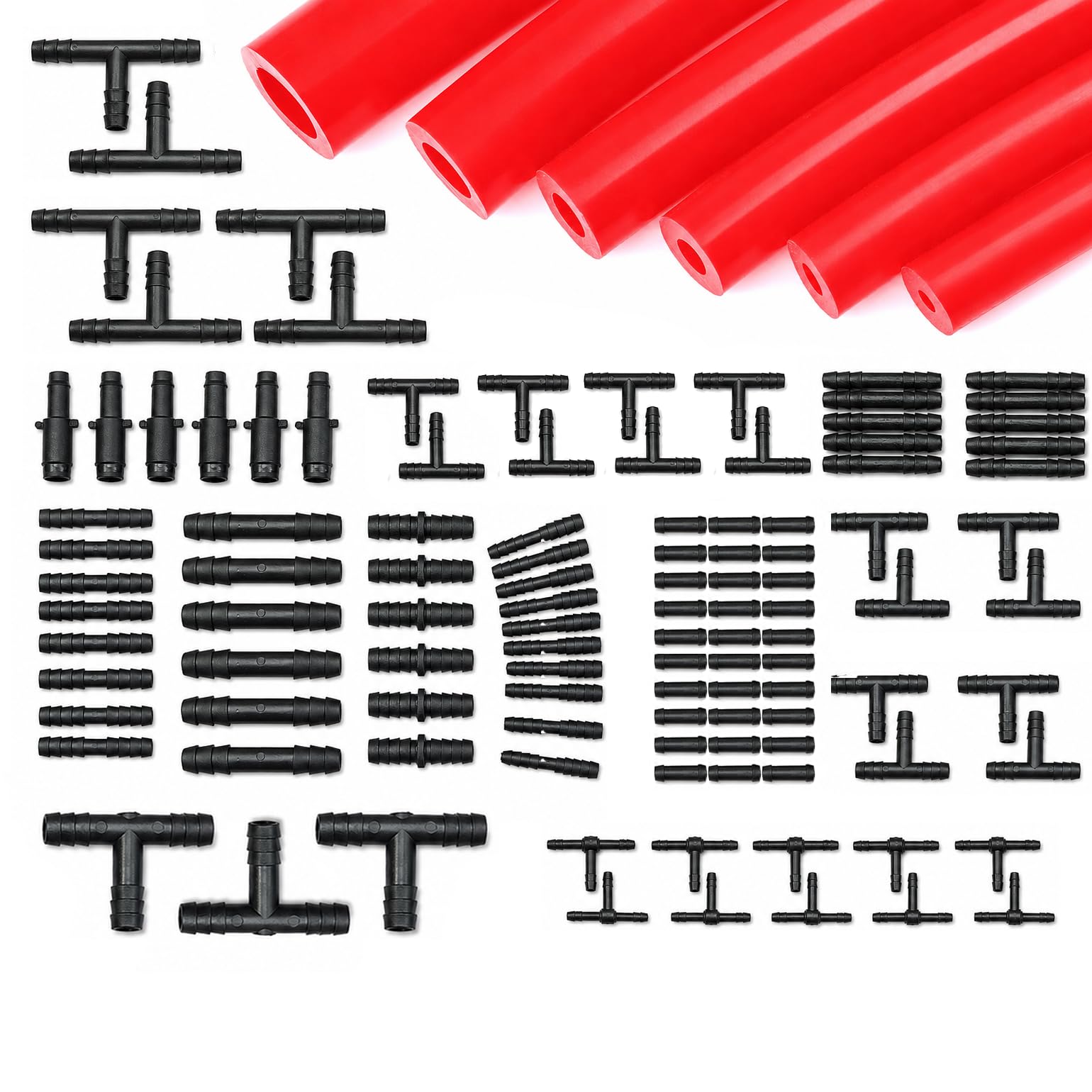 Ucreative Silicone Vacuum Hose Kit 6PCS 5FT Tubing (1/8" to 3/8") + 113PCS Nylon Connectors High Performance Automotive Replacement (Red)
