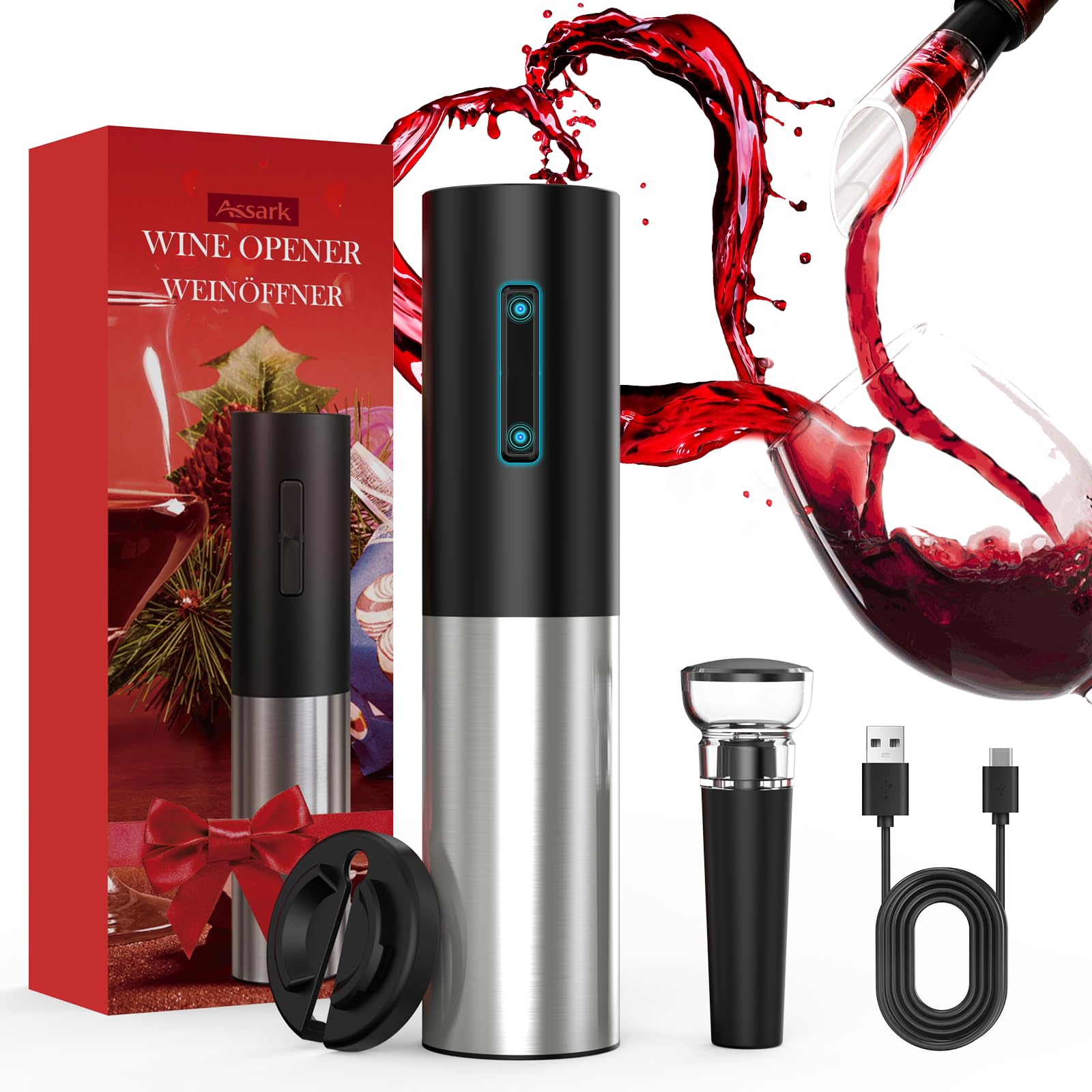Electric Wine Opener, Automatic Electric Wine Bottle Corkscrew Opener with Foil Cutter Aerator Pourer Vacuum Stopper, Rechargeable Wine Opener Set, Gift For Fathers Day Housewarming Birthday