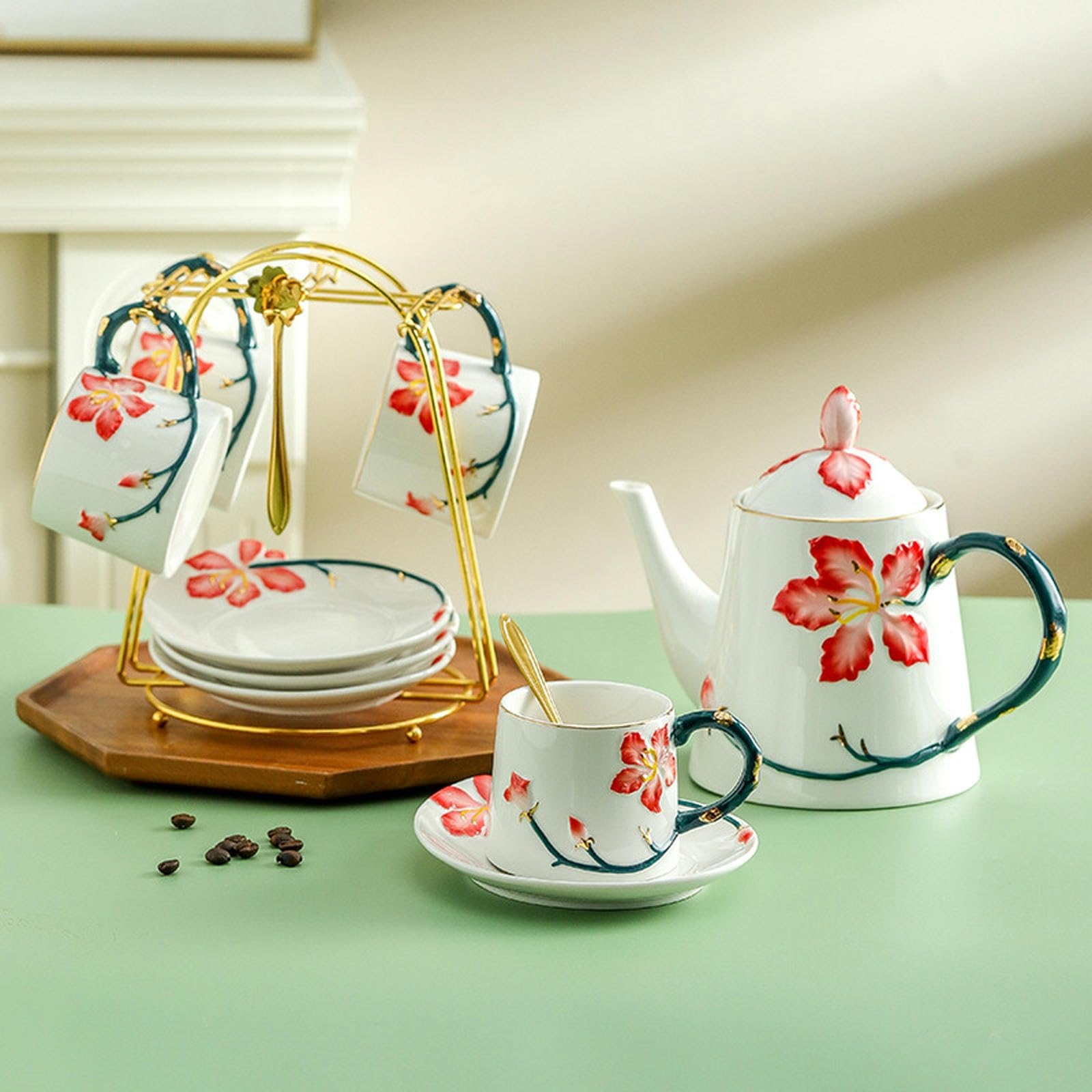 200ml/7oz Kreatives und exquisites Relief lila Gold Blume Keramik Kaffee Set, Büro und Haushalt Floral Tee Set, Tasse und Teller Set-4 Tassen und Teller+Topf+Eisenrahmen-201-300ml