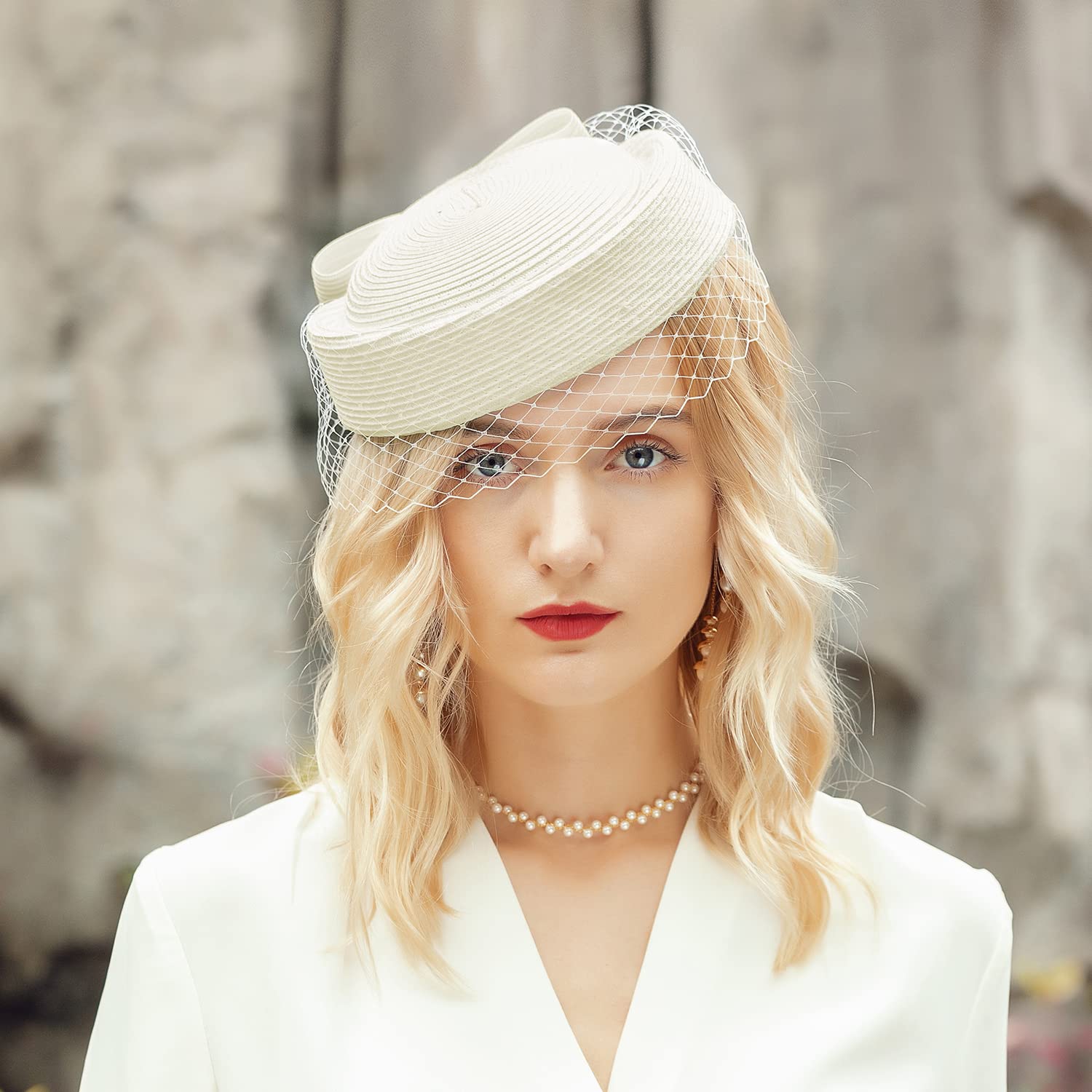 Straw Fascinator Vintage Hat Bow Veil Pillbox for Wedding Tea Party 20s 50s Headwear