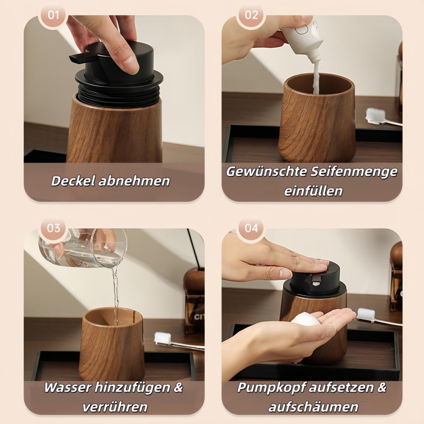 Dozownik mydła w piance, wygląd drewna, 300 ml, do wielokrotnego napełniania, do łazienki i kuchni, butelka z pianki, mydło, szampon, żel pod prysznic, płyn do mycia naczyń, antypoślizgowy (4