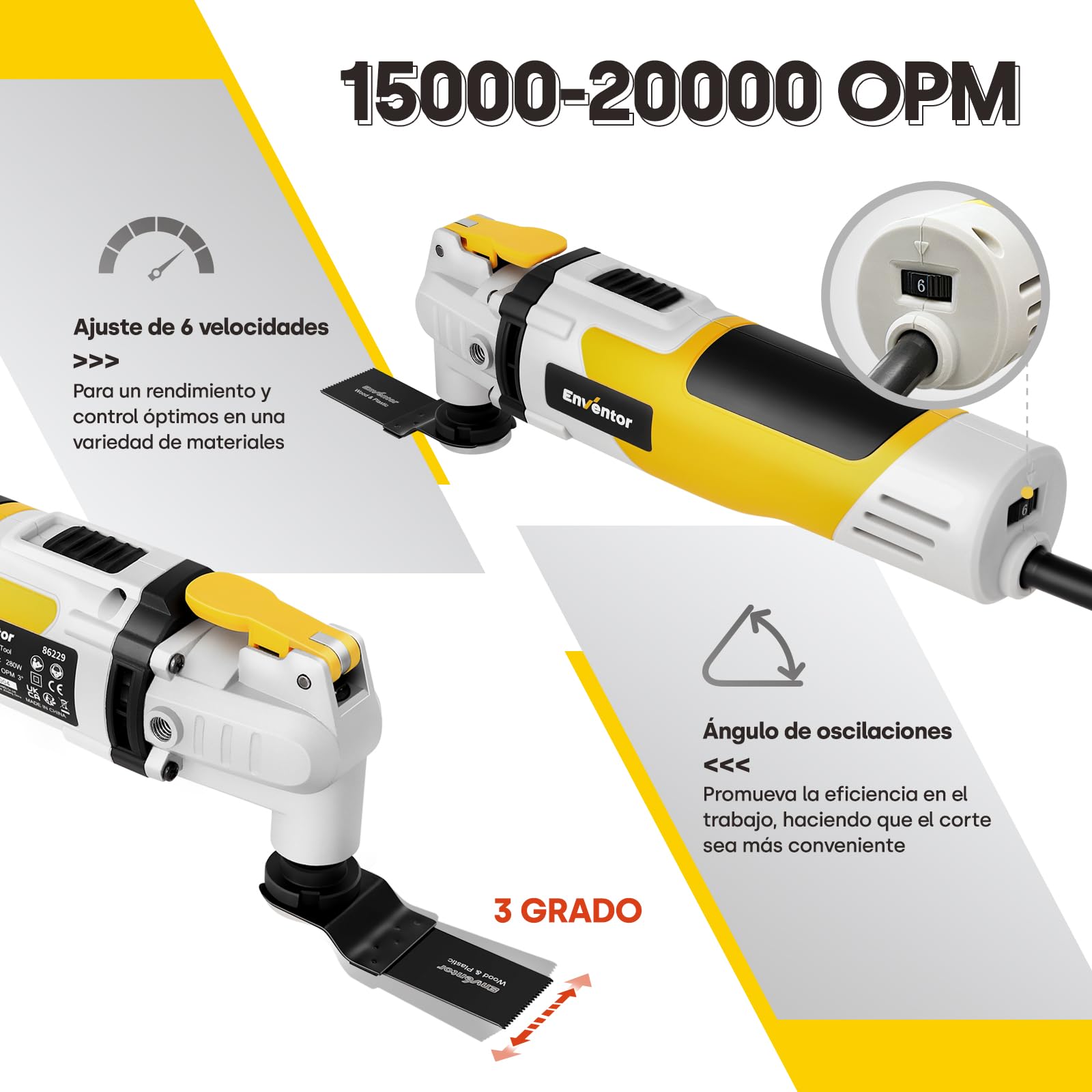 Enventor Multiherramienta Oscilante, 280W, Mango Auxiliar, 42 Accesorios | Herramientas Oscilantes 15000-22000OPM, 6 Velocidades Variables, Ángulo de Oscilación 3°, para Cortar, Lijar, Raspar