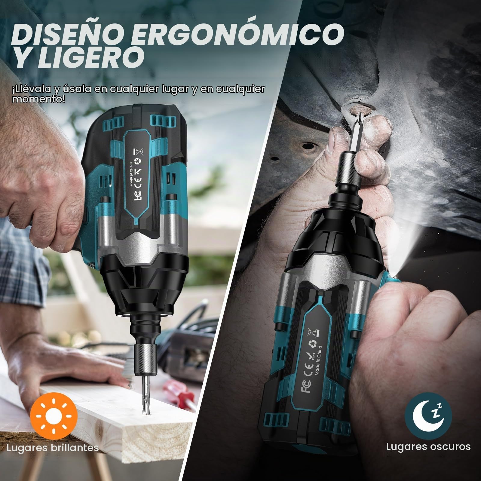 Pistola de Impacto a Batería 1000 Nm, Atornillador de Impacto de 2 Baterías de 4000 Mah, Motor Brushless, 4 Brocas, 4 Puntas de Destornillador para Coches, Camiones y Uso Doméstico.
