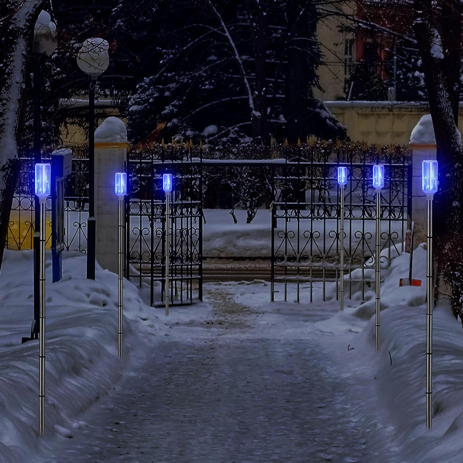 Rossesay 4 Packs Solar Powered Reflective Driveway Markers Lights 51'' Landscape Driveway Reflectors on Poles for Parking Winter Snow Road Outdoor Yard Night Sidewalk, Blue(Blue)