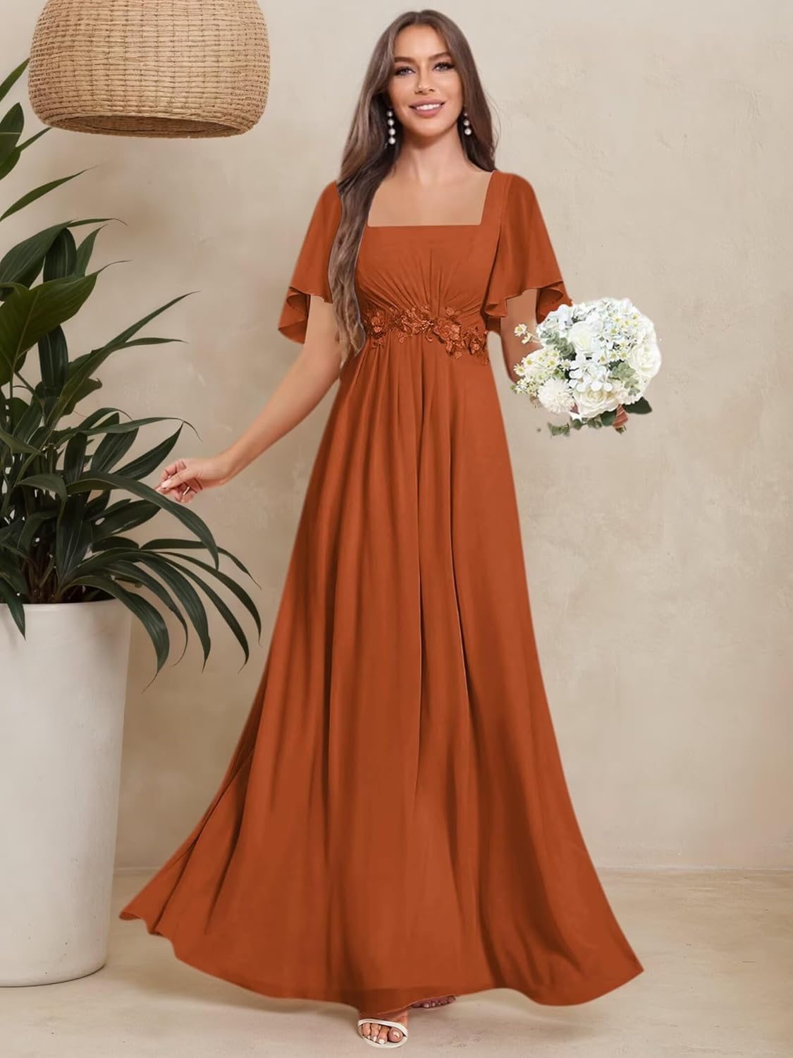 Square Neck Chiffon Bridesmaid Dresses for Women Flutter Sleeves Lace Applique Long Evening Formal Dresses