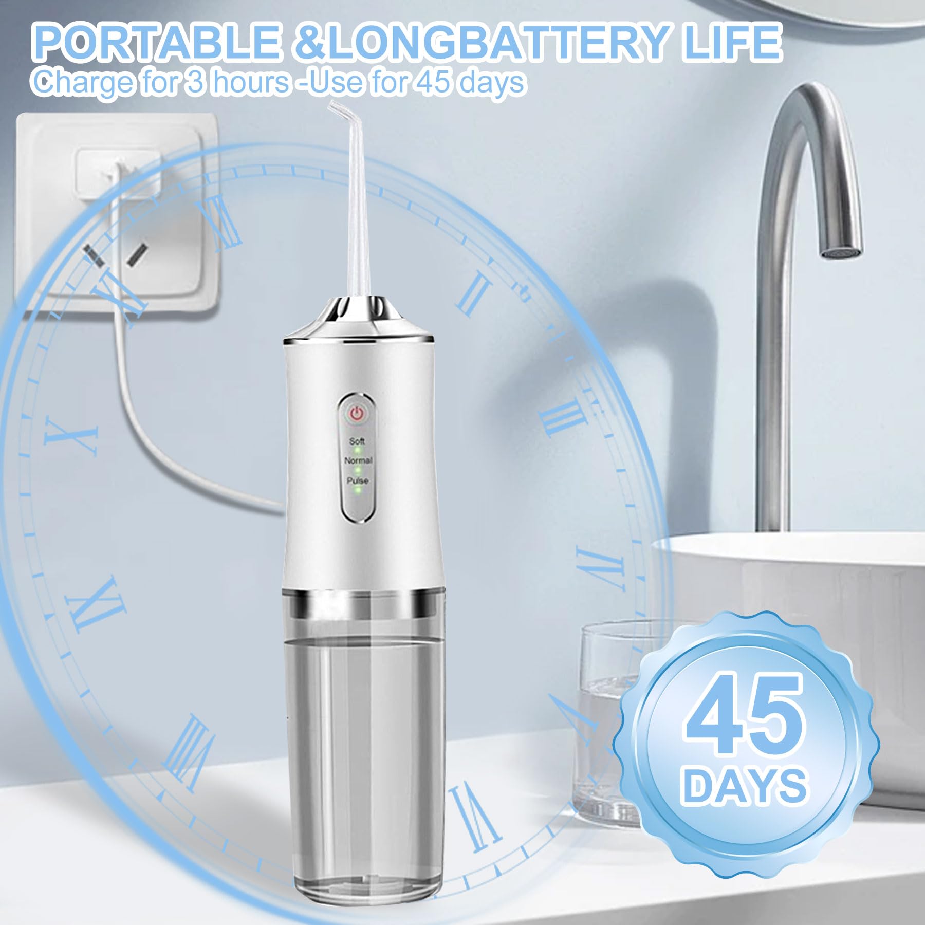 MeYuxg Oral Irrigator, Wireless, Portable Electric Tooth Cleaner, 3 Modes & 4 Nozzles, IPX7 Waterproof, 220 ml, White - Image 4