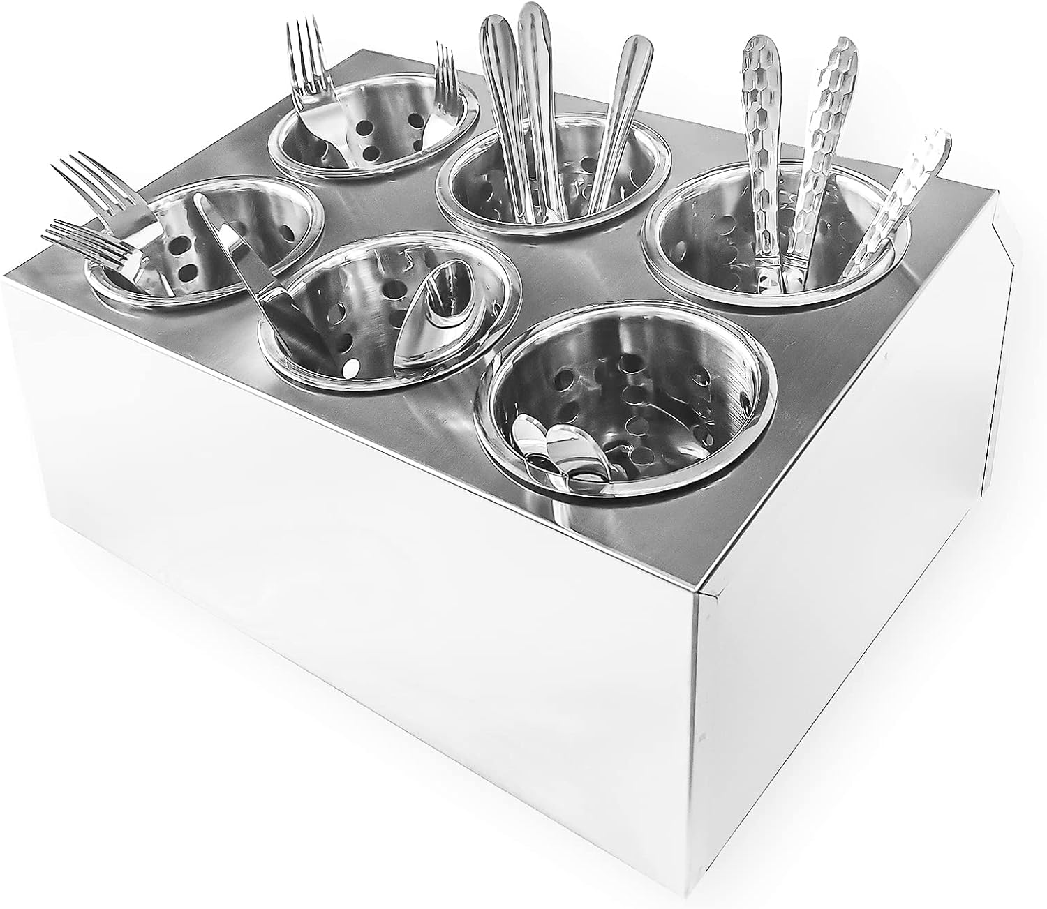Commercial 6-Hole Stainless Steel Cylinder Flatware Silverware Utensil Holder Organizer Caddy