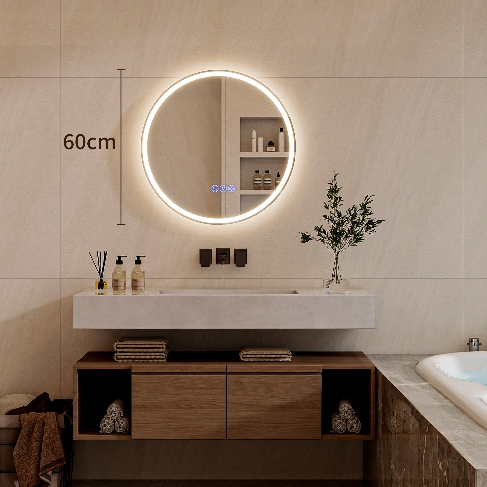 Koonmi runder LED Badspiegel 60 cm, dimmbar | Wandspiegel mit 3 Lichtfarben, Antibeschlagfunktion und bruchsicherem Glas für Badezimmer und Waschtisch