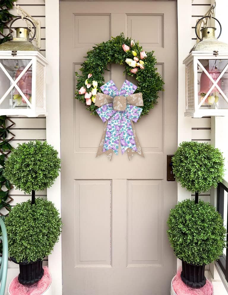 ALIBBON 2Pcs Spring Bows for Wreaths, Spring Wreath Bows, Lavender Purple Butterfly Bows for Crafts, Spring Decor, Spring Flower Flaxen Burlap Bows for Wreath Indoor Outdoor Window Decorations - Image 3