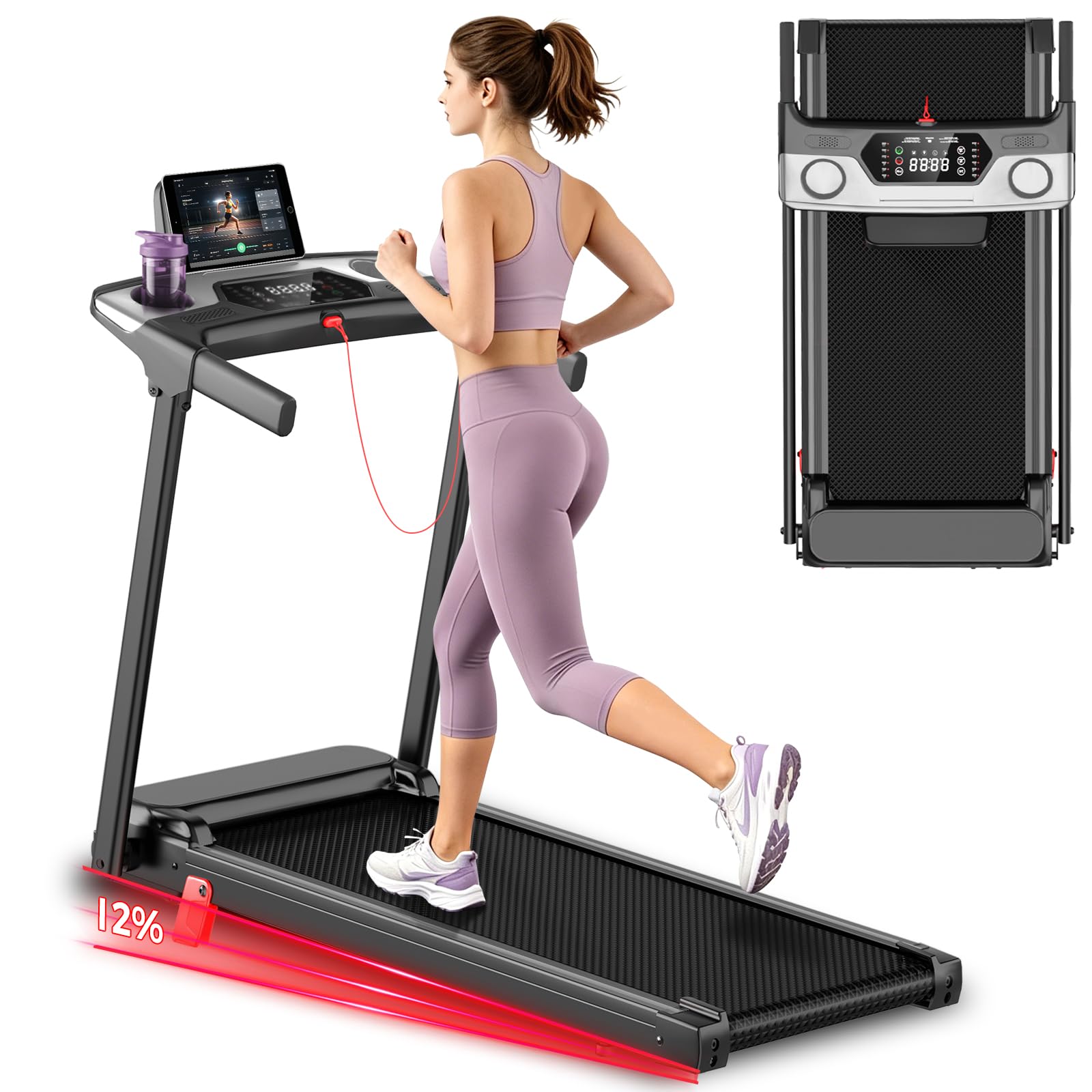 Treadmill with Incline Foldable Treadmills for Home，12% Incline Walking Pad Treadmill with Handle Bar and LED Display，3-in-1 Portable Treadmills, 3.0HP Quiet Brushless