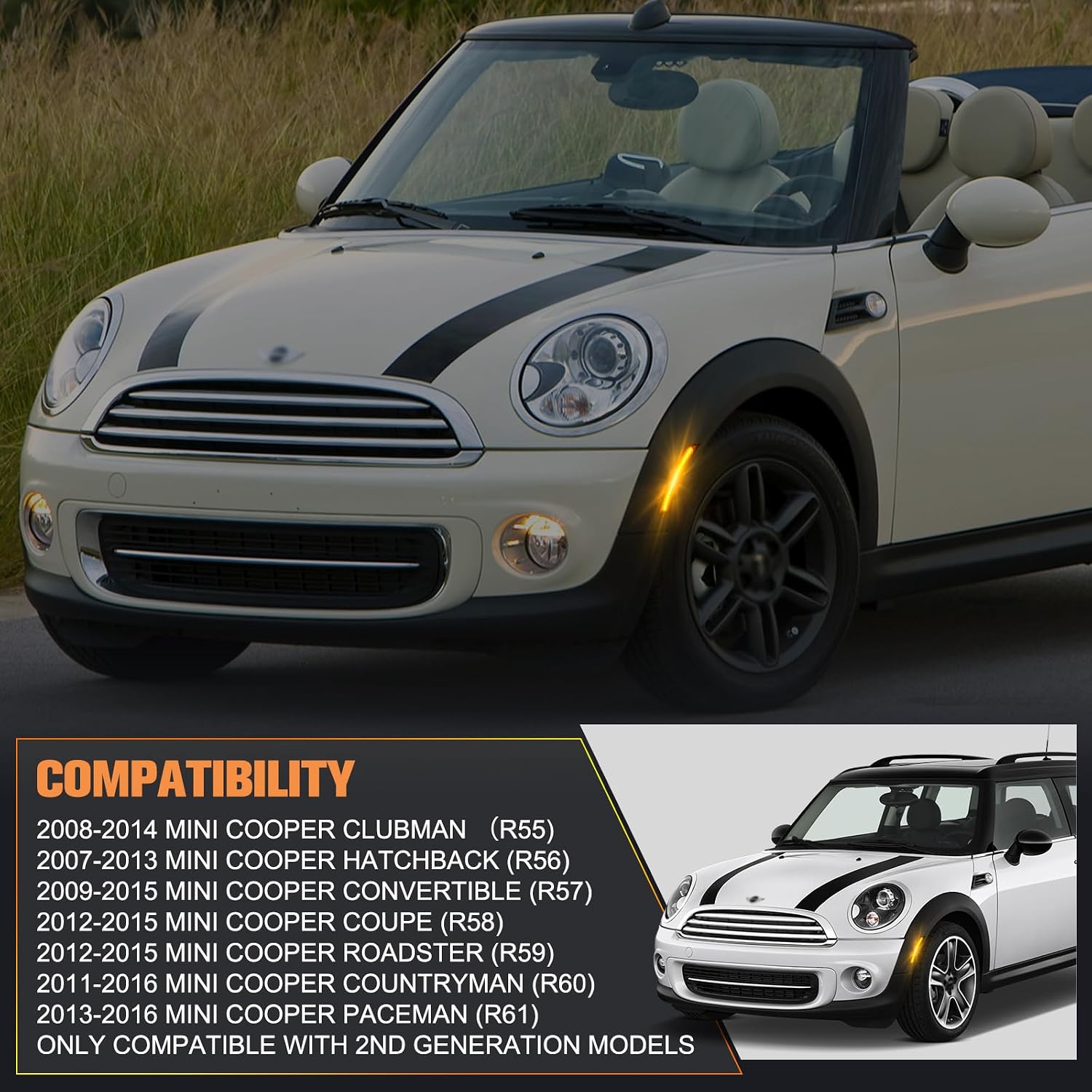 Gempro LED Side Marker Lights Front Amber Bumper Marker Lamps for 2008-2014 MINI Cooper R55 R56 R57 R58 R59 R60 R61 Reflectors Smoked Len, 2PCS