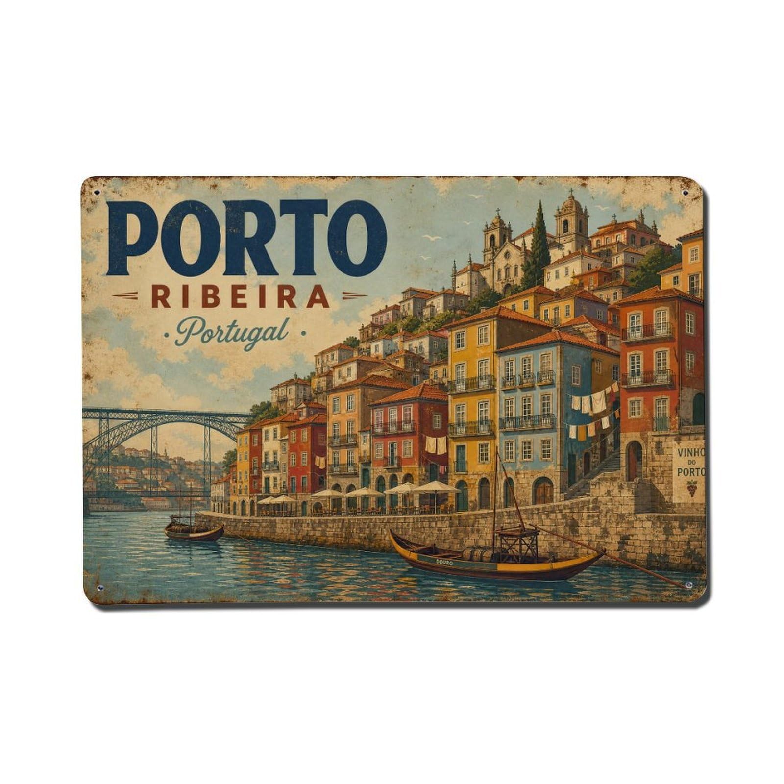 Yrnq 08X12inch Vintage Style Vintage Ribeira Colorful Houses Waterfront Portugal Metal Tin Sign