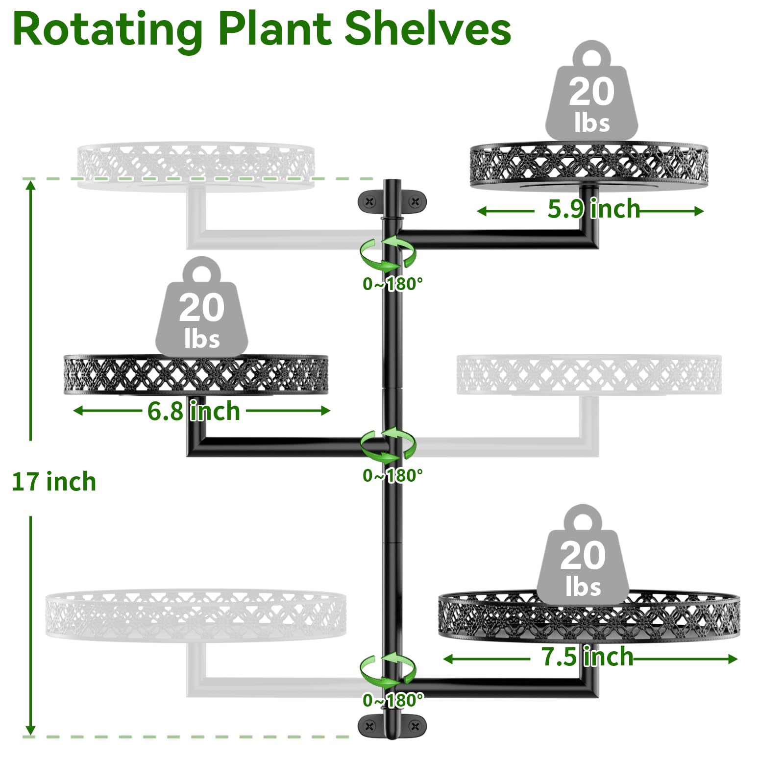 Estantes giratorios para plantas de ventana, soporte de pared para plantas de interior, soporte de 3 niveles de metal floral para múltiples plantas con ganchos para colgar, decoración del 3