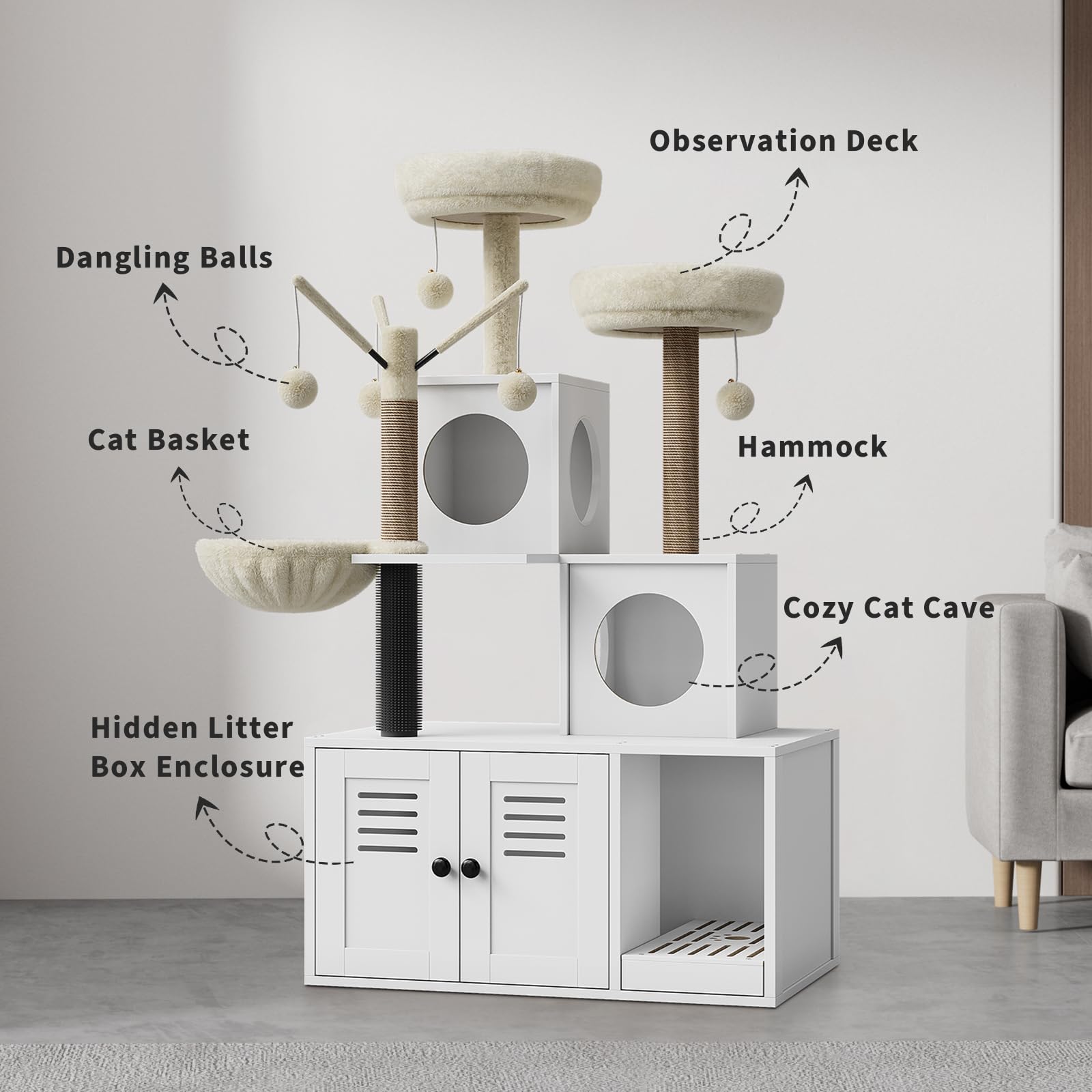 Árbol Rascador Grande Multifunción para Gatos – Cama Suave,Mueble con Caja De Arena Oculta y Múltiples Plataformas – Ideal para Hogares con Varios Gatos – Espacio Descansar y Jugar,140CM