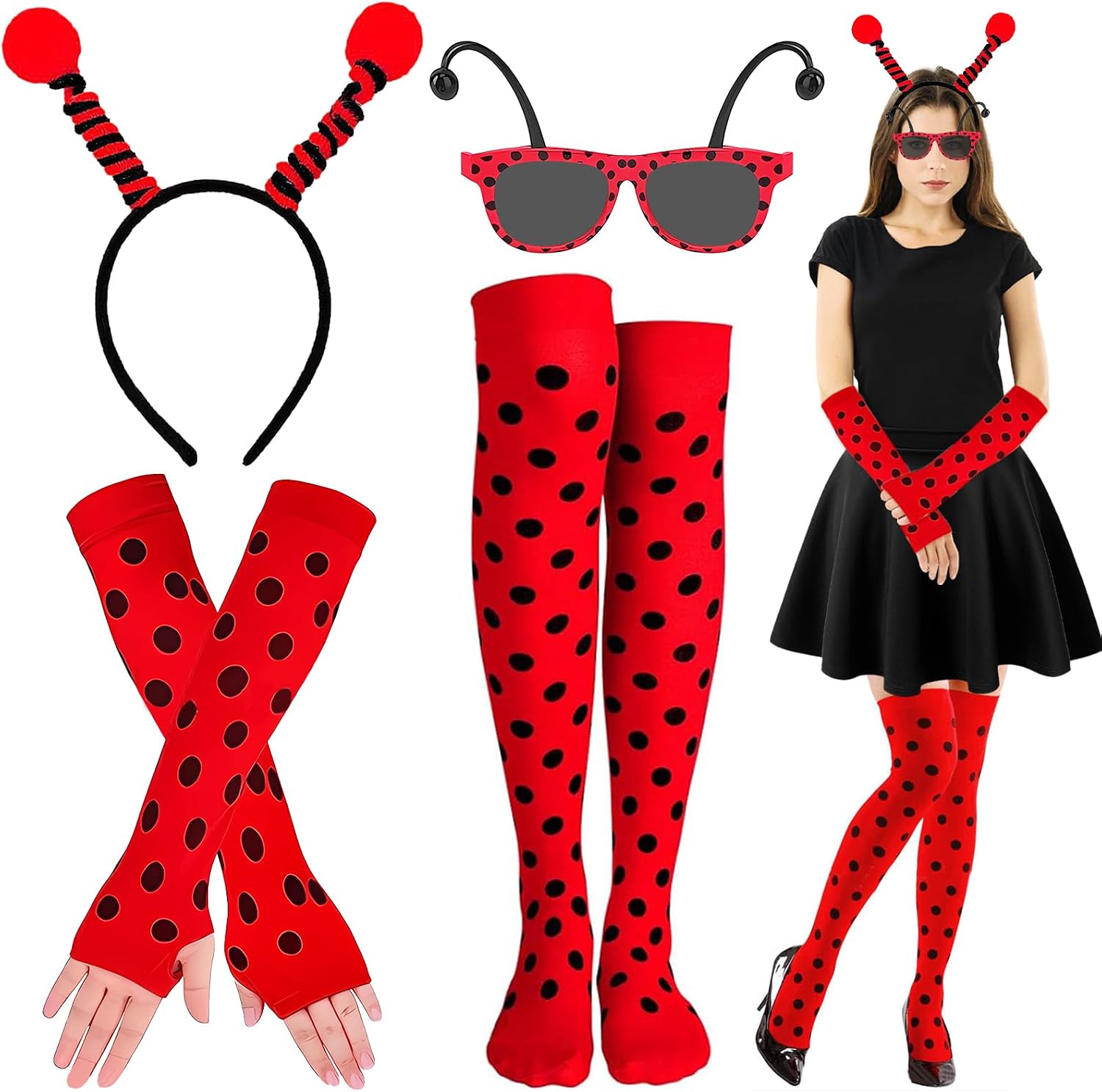 Disfraz De Mariquita Para Mujer, 4 Piezas: Diadema Con Antenas, Gafas, Guantes Sin Dedos Y Calcetines De Lunares Rojos Y Negros, Para Carnaval Y Cosplay