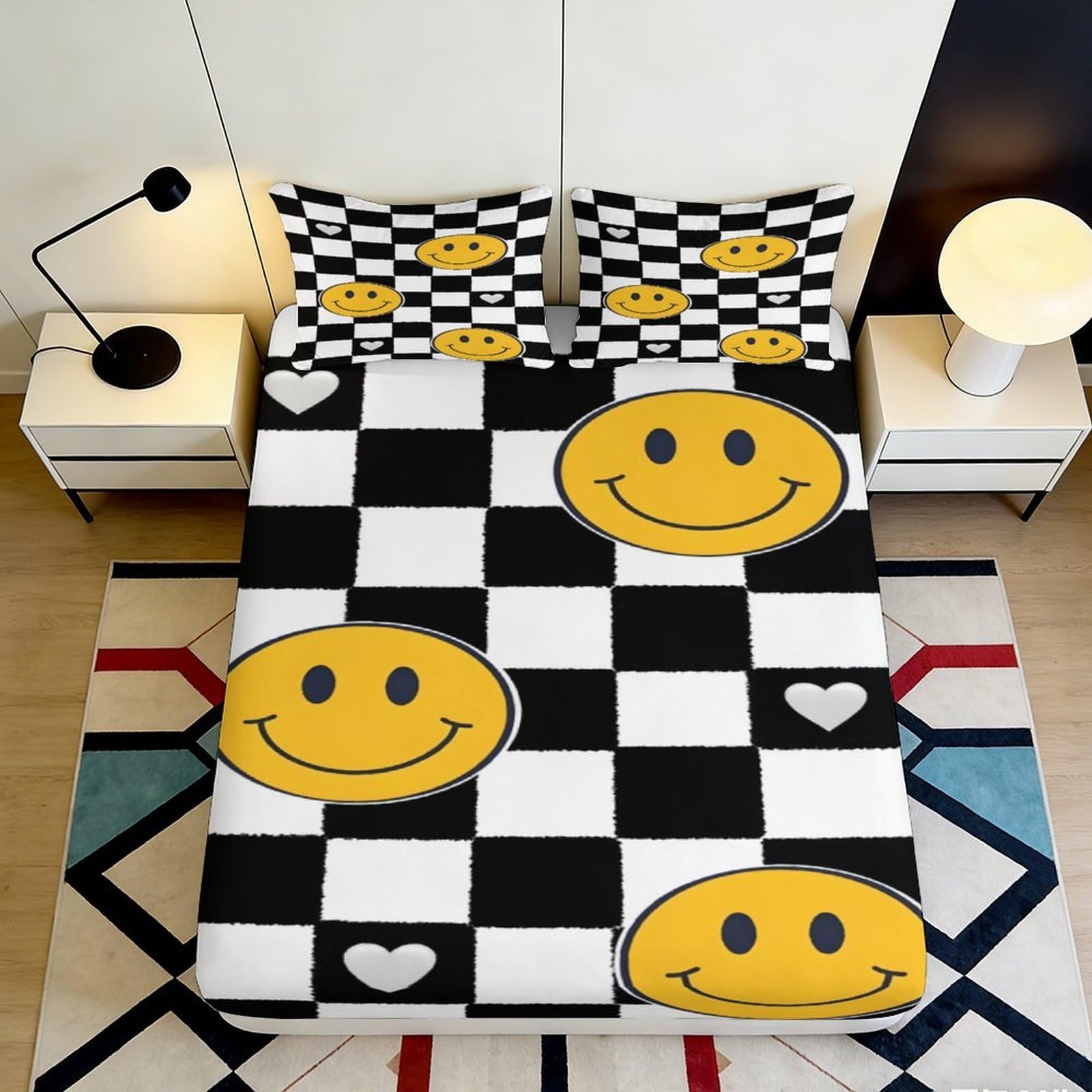 3D Printed Smiley Face Fitted Sheet Microfiber Soft Breathable Checkered Bed Cover for Bedroom Dormitory Guest Room Mattress Protection Decor 140x200x25cm