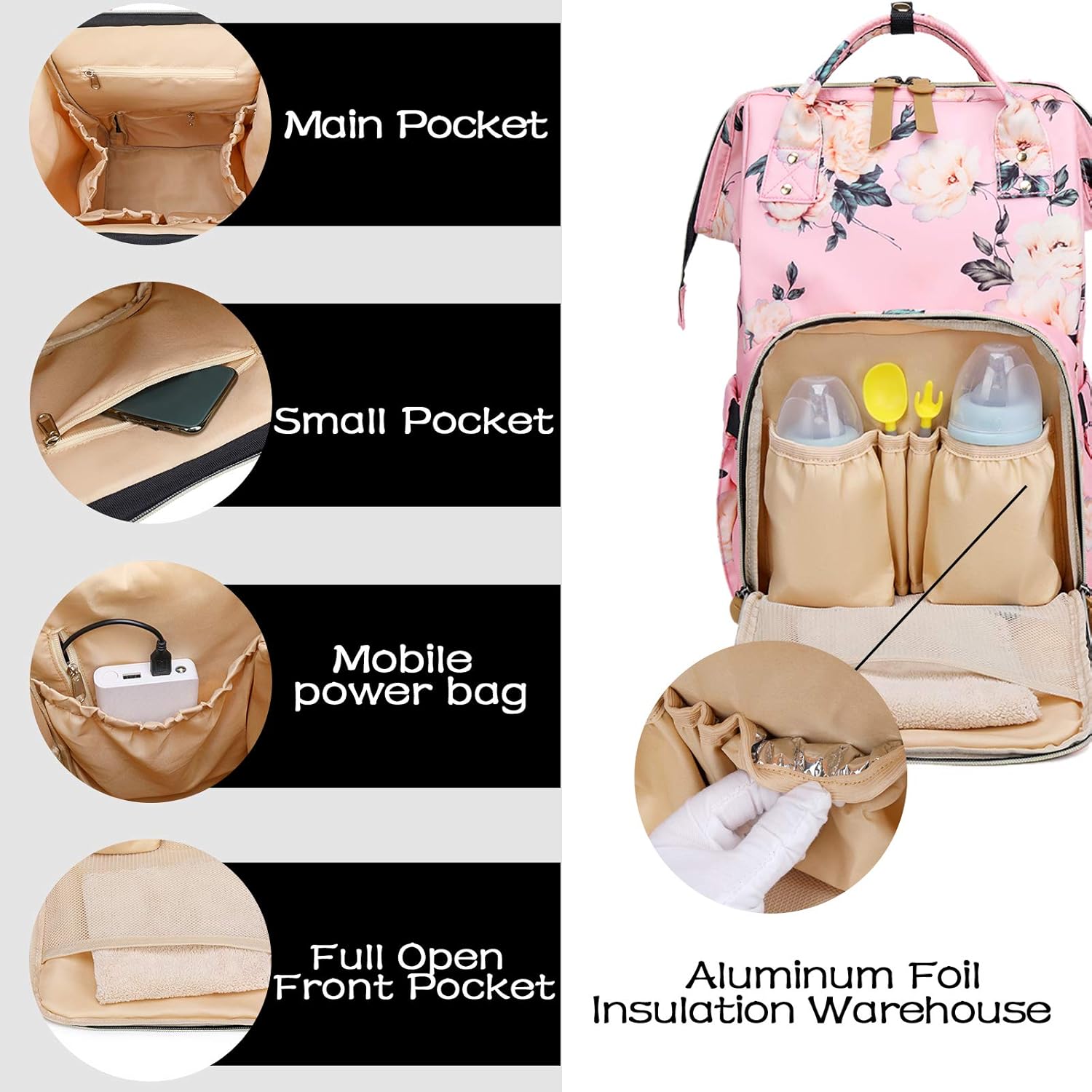 FANDARE Nappy Backpacks Baby Changing Bag Fashion Diaper Bag with USB Charging Port Earphone Jack Travel Daypack Large Multi-Function Rucksack for Mom Durable Nylon Pink