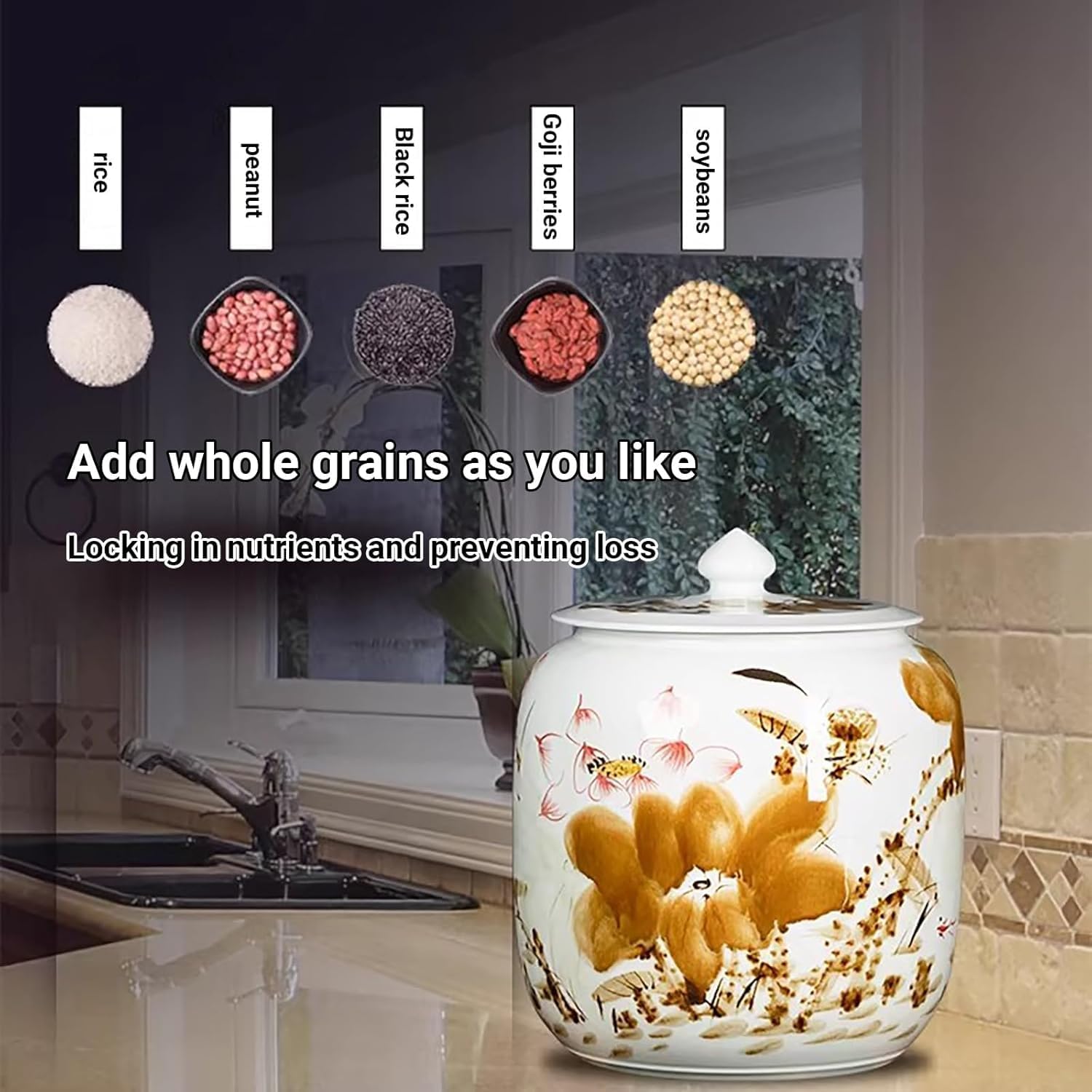ELEFOCUS Ceramic Rice Storage Containe,Ceramic Rice Bucket With Tassel Design,Portable design, smooth and delicate texture(25KG)