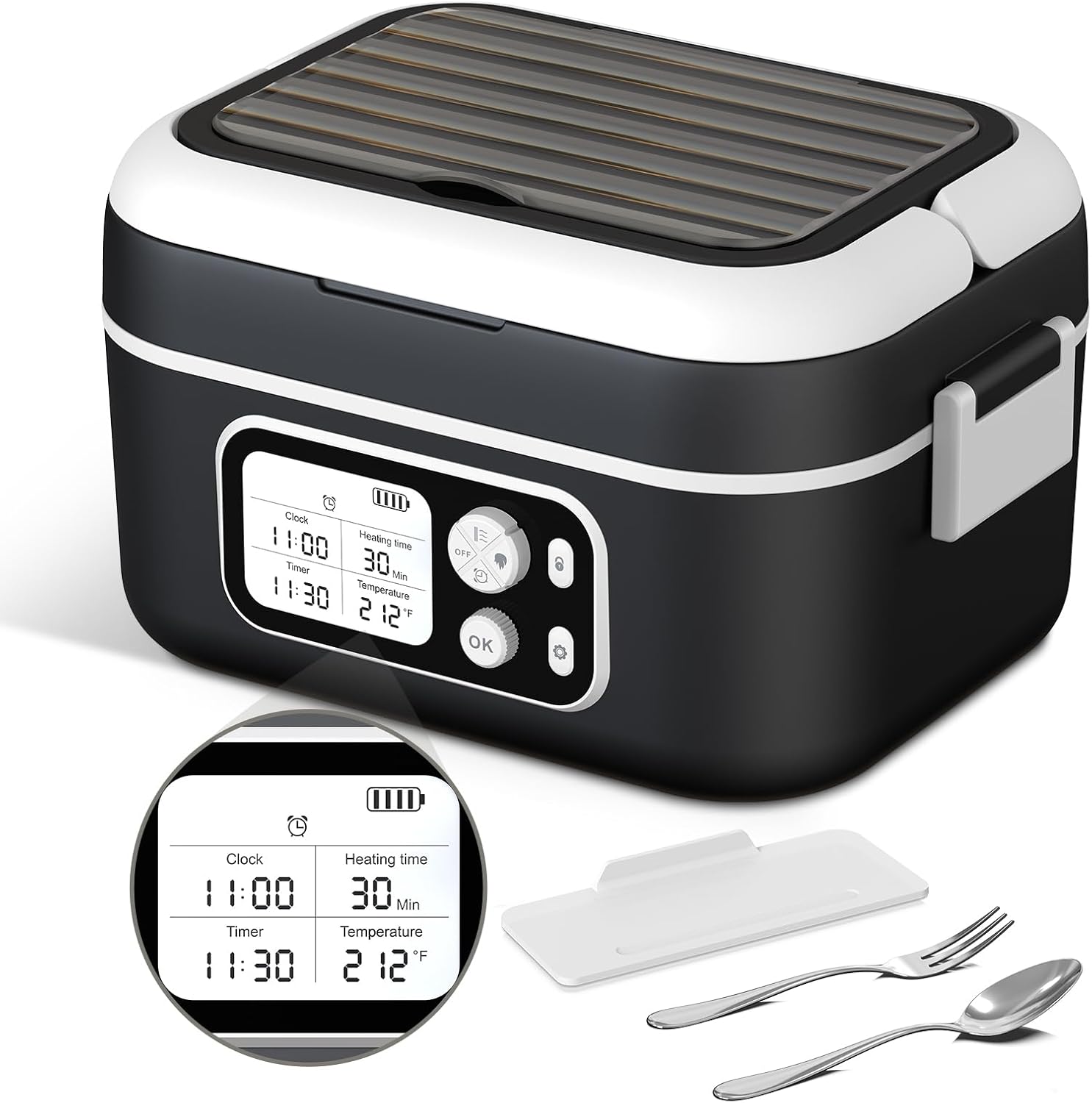 Cordless Electric Heated Lunch Box, 1.5L 6.3Cups 24000mAh Rechargeable Battery Self-Heating Lunch Box, Smart Timer, Even Heating, 100W Portable Food Warmer for Office, Picnic, Car, Outdoor Black