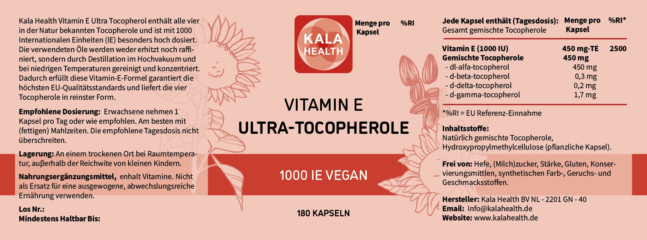 Kala Health Vitamin E 1000 IE Ultra Tocopherol 450mg Vitamin E Vegan – alle 4 Tocopherole – Alpha Tocopherol + Beta Tocopherol + Gamma Tocopherol + Delta Tocopherol – Einzigartiges d Alpha Tocopherol
