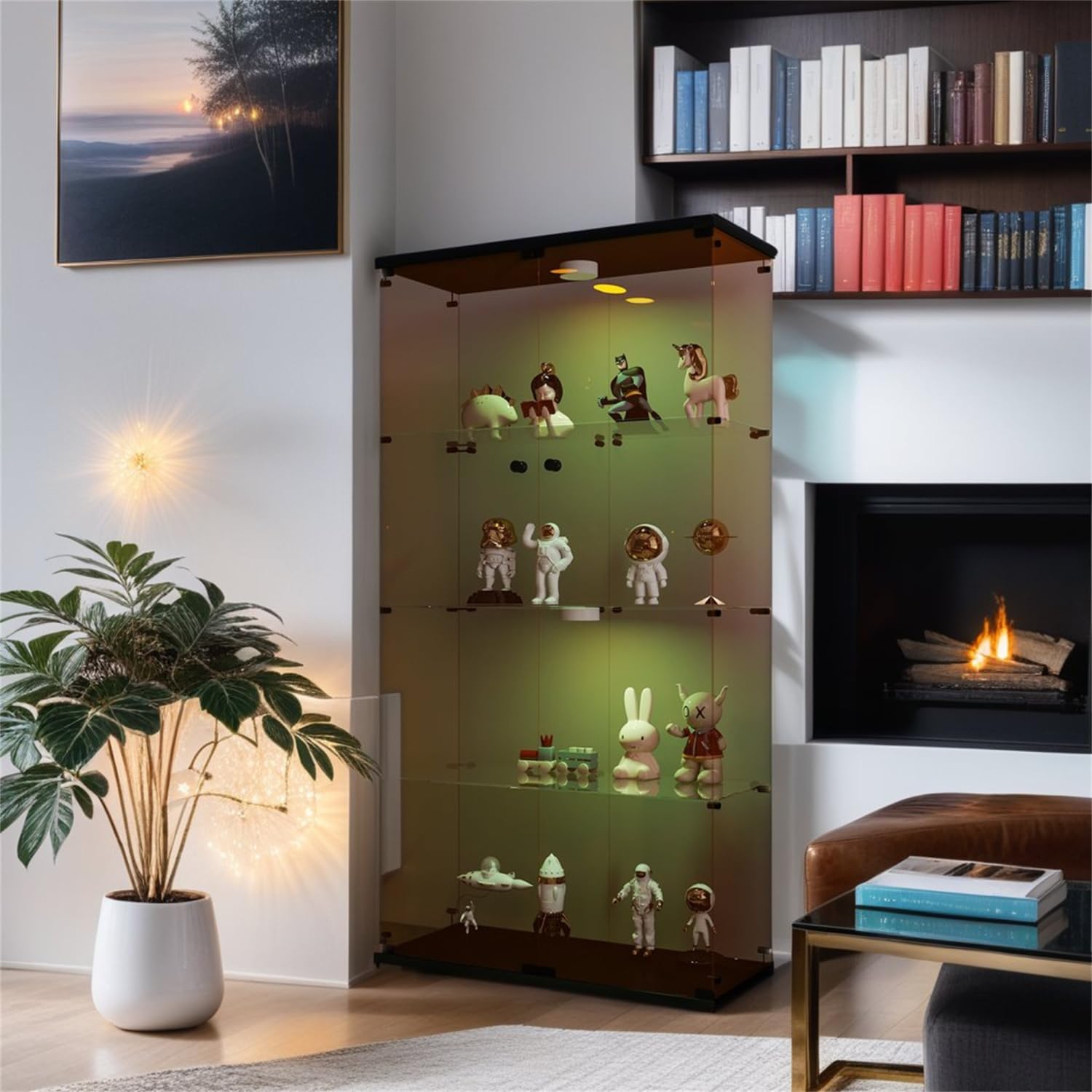 Lighted Two Door Glass Cabinet with 4 Shelves Glass Black Brown Battery-Powered Lighted Display Durable Outdoor-Ready Storage Decorative Home Decor