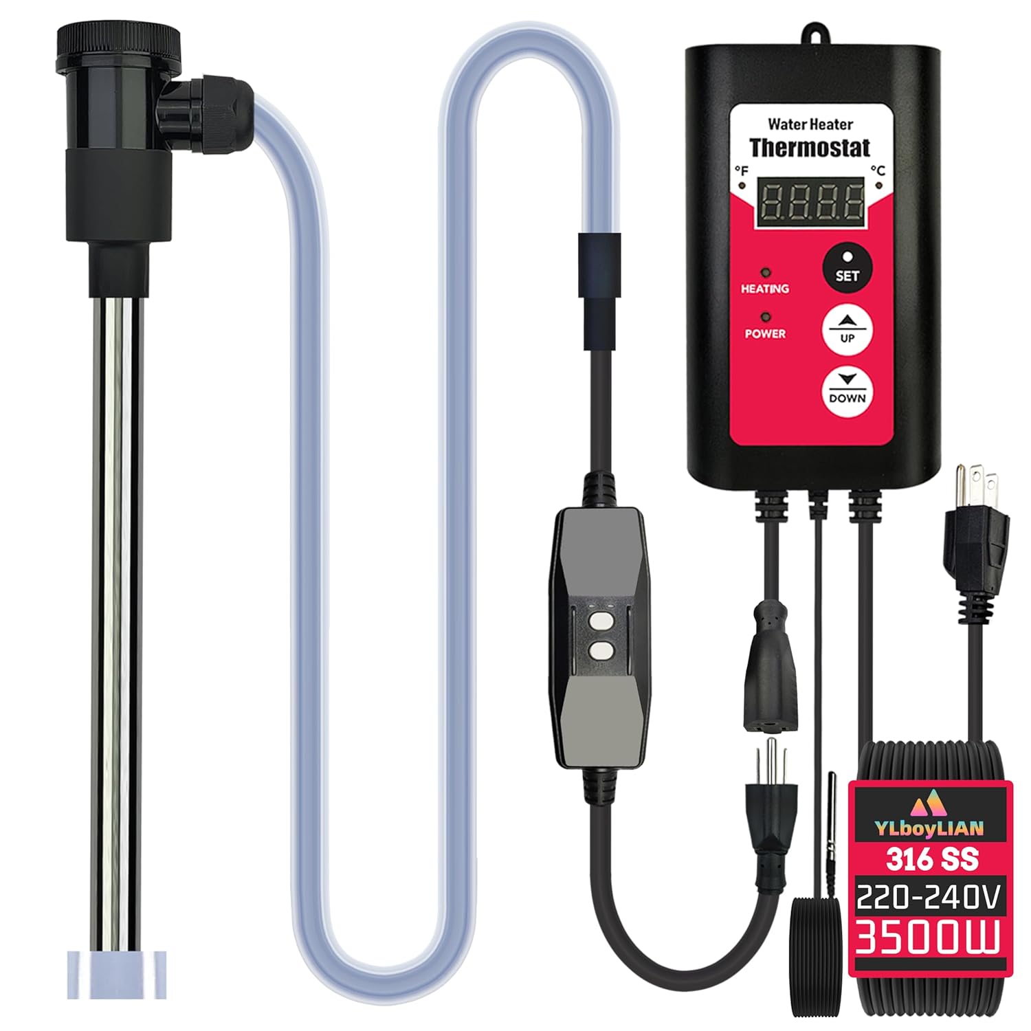 240V 3500W Immersion Pool & Hot Tub Water Heater Portable Electric Submersible Heater with Temp Control, GFCI for Bathtub, Pond, baptismal, inground Pool Above-Ground Pool & Inflatable Pool